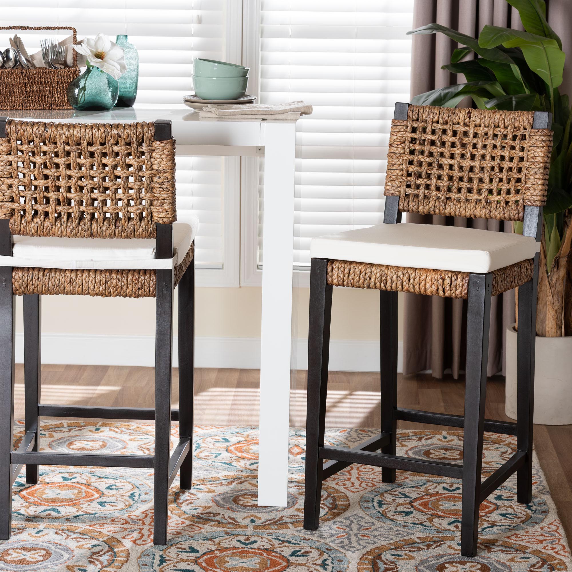 bali & pari Alise Handwoven Seagrass Bar Stool with Mahogany Wood Frame - Bar-Height Chair with Woven Back and Seat for Kitchen Island or Home Bar, Dark Brown