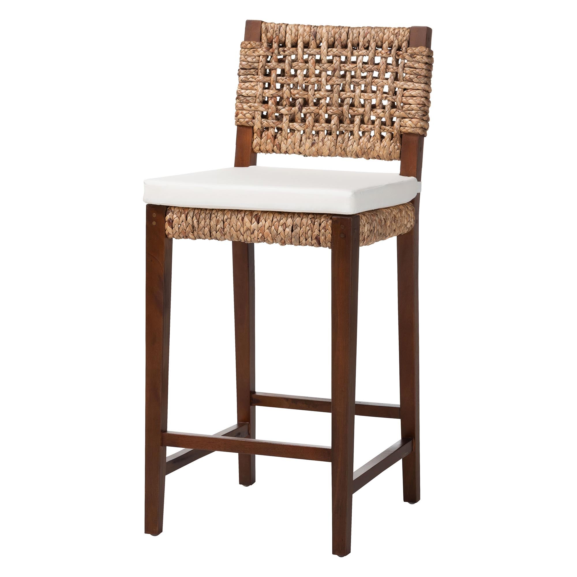 bali & pari Alise Handwoven Seagrass Bar Stool with Mahogany Wood Frame - Bar -Height Chair with Woven Back and Seat for Kitchen Island or Home Bar, Earthy Brown