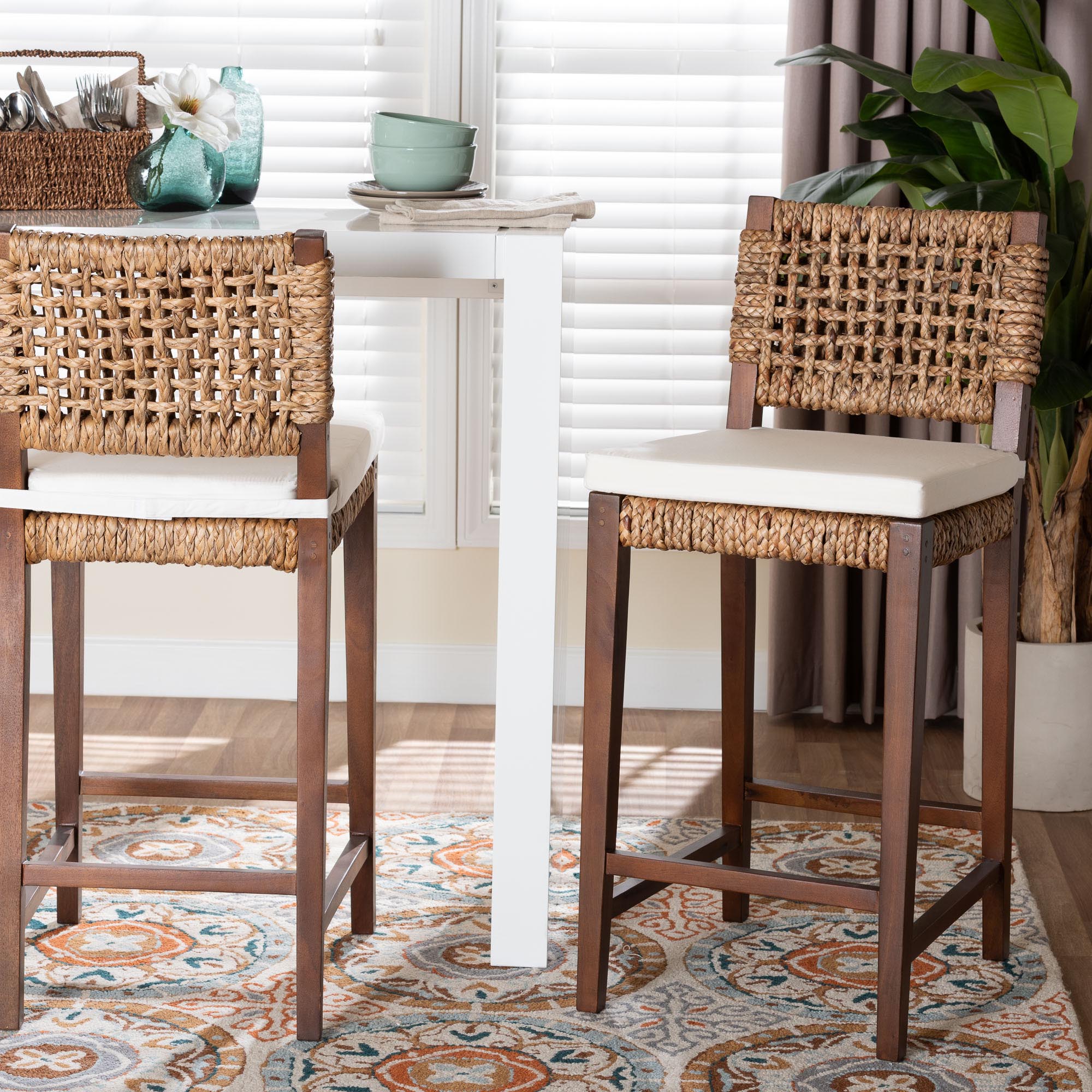 bali & pari Alise Handwoven Seagrass Bar Stool with Mahogany Wood Frame - Bar -Height Chair with Woven Back and Seat for Kitchen Island or Home Bar, Earthy Brown