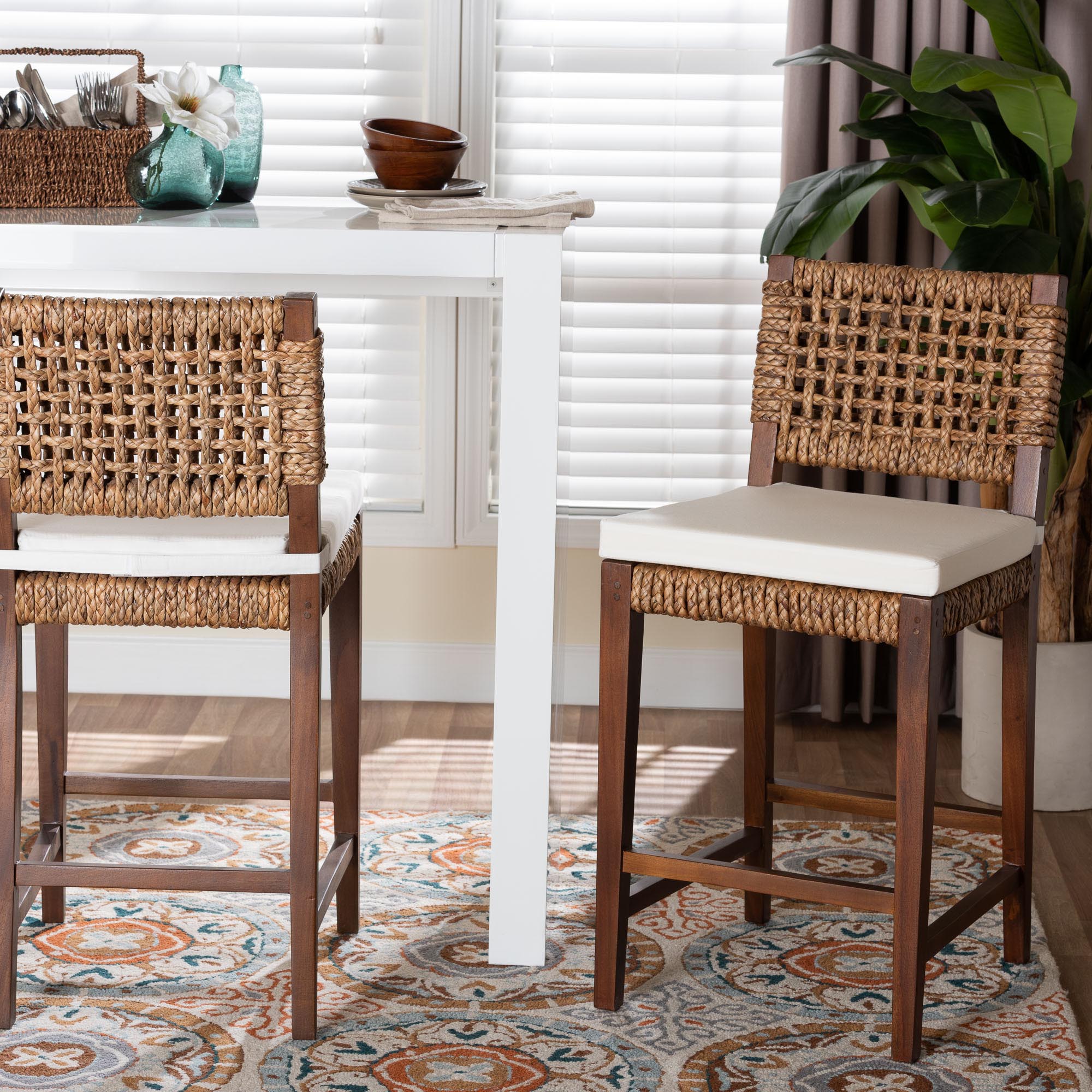 bali & pari Alise Handwoven Seagrass Counter Stool with Mahogany Wood Frame - Counter-Height Chair with Woven Back and Seat for Kitchen Island or Home Bar, Earthy Brown
