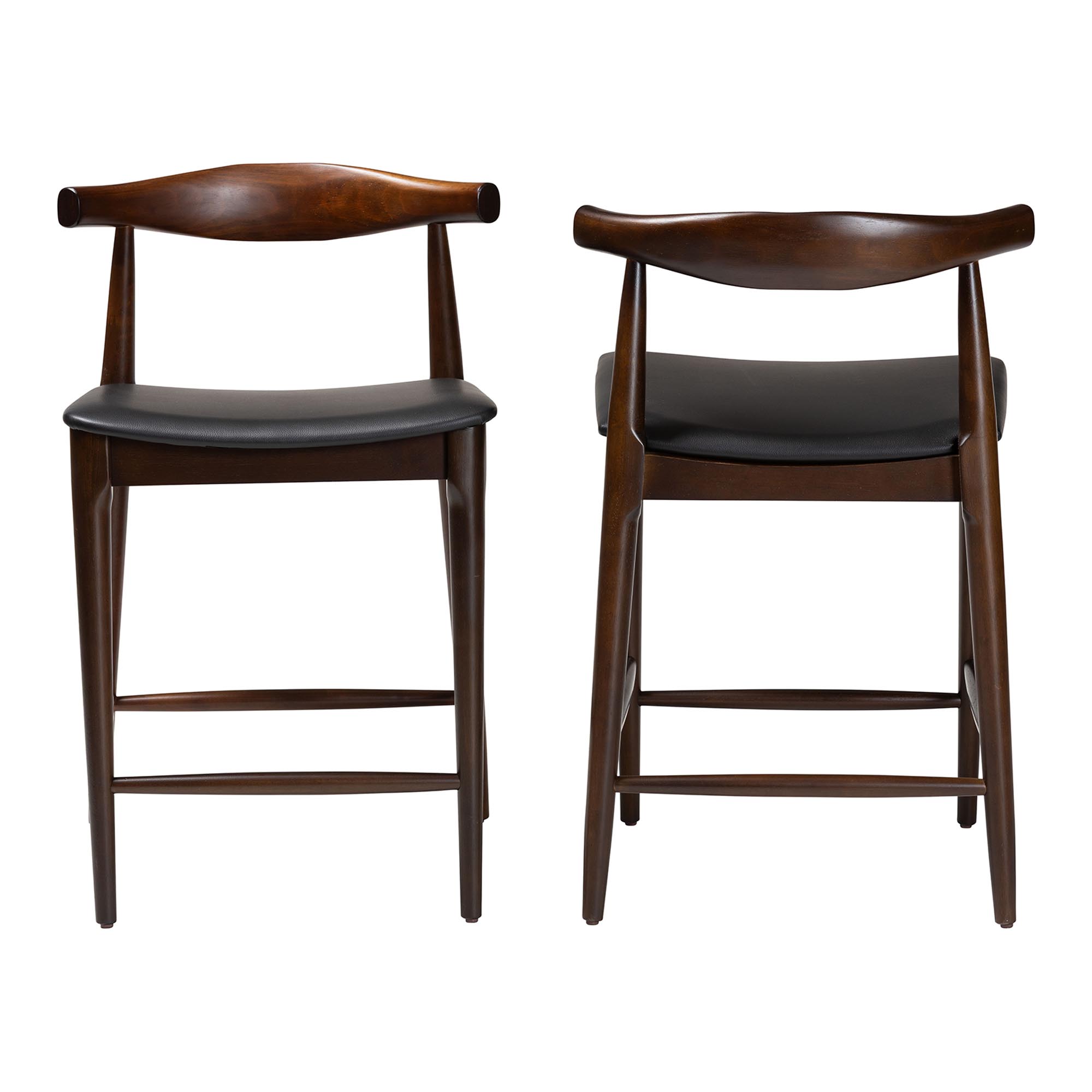 Baxton Studio Eira Counter Stool Set of 2- Walnut Wood Frame Counter-height Chair with Curved Backrest and Black Faux Leather Seat, Mid-Century Modern Kitchen Island Seating