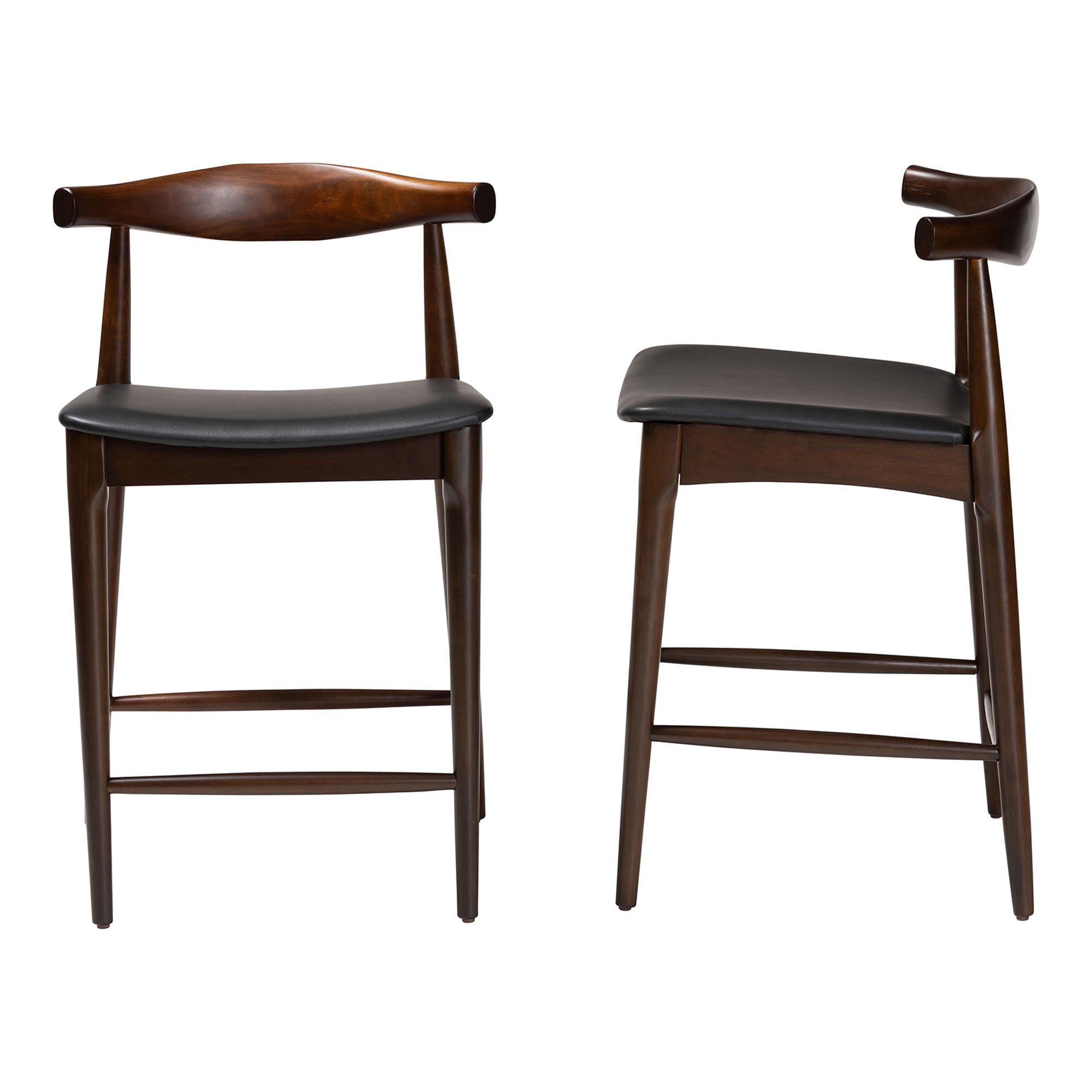 Baxton Studio Eira Counter Stool Set of 2- Walnut Wood Frame Counter-height Chair with Curved Backrest and Black Faux Leather Seat, Mid-Century Modern Kitchen Island Seating