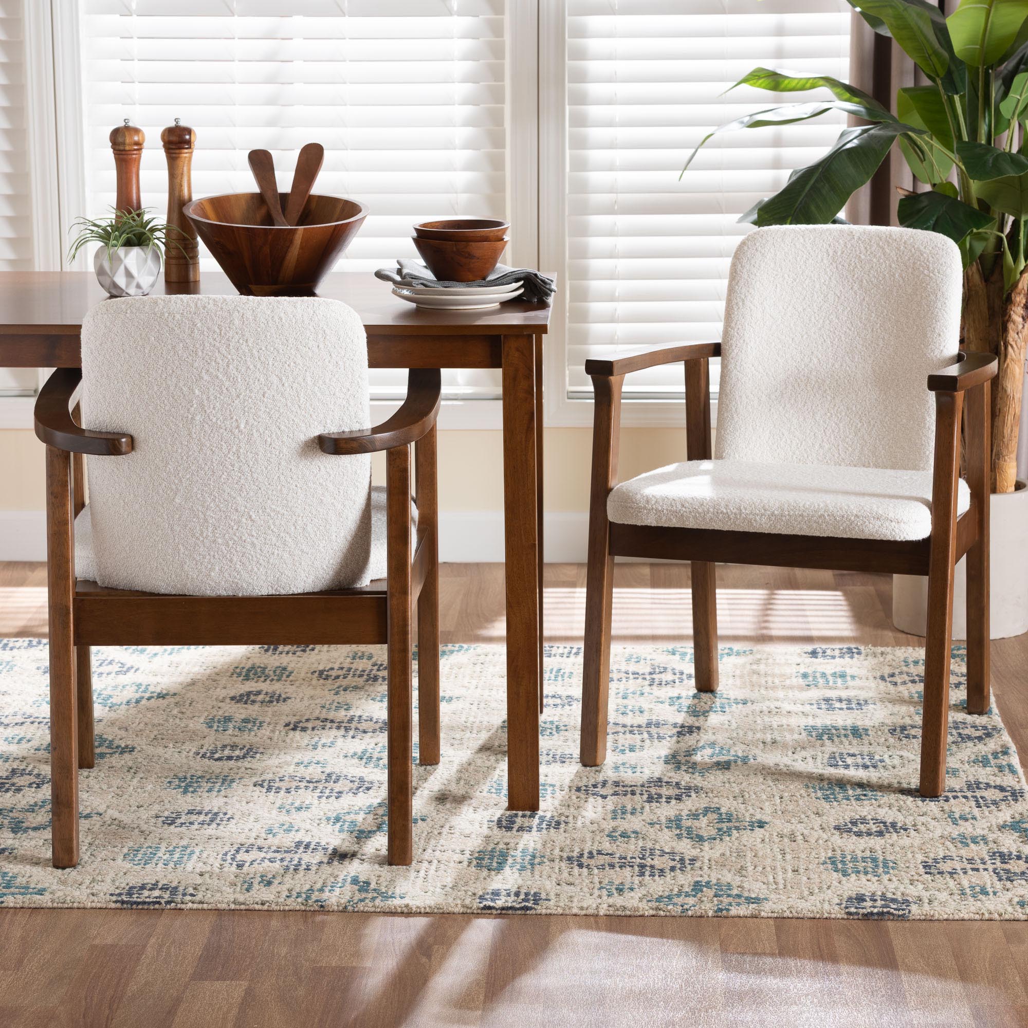 Baxton Studio Miyagi Boucle Upholstered Dining Chair Set of 2- Mid-Century Modern Armchair with Solid Wood Frame and Rounded Backrest, Walnut Brown and White
