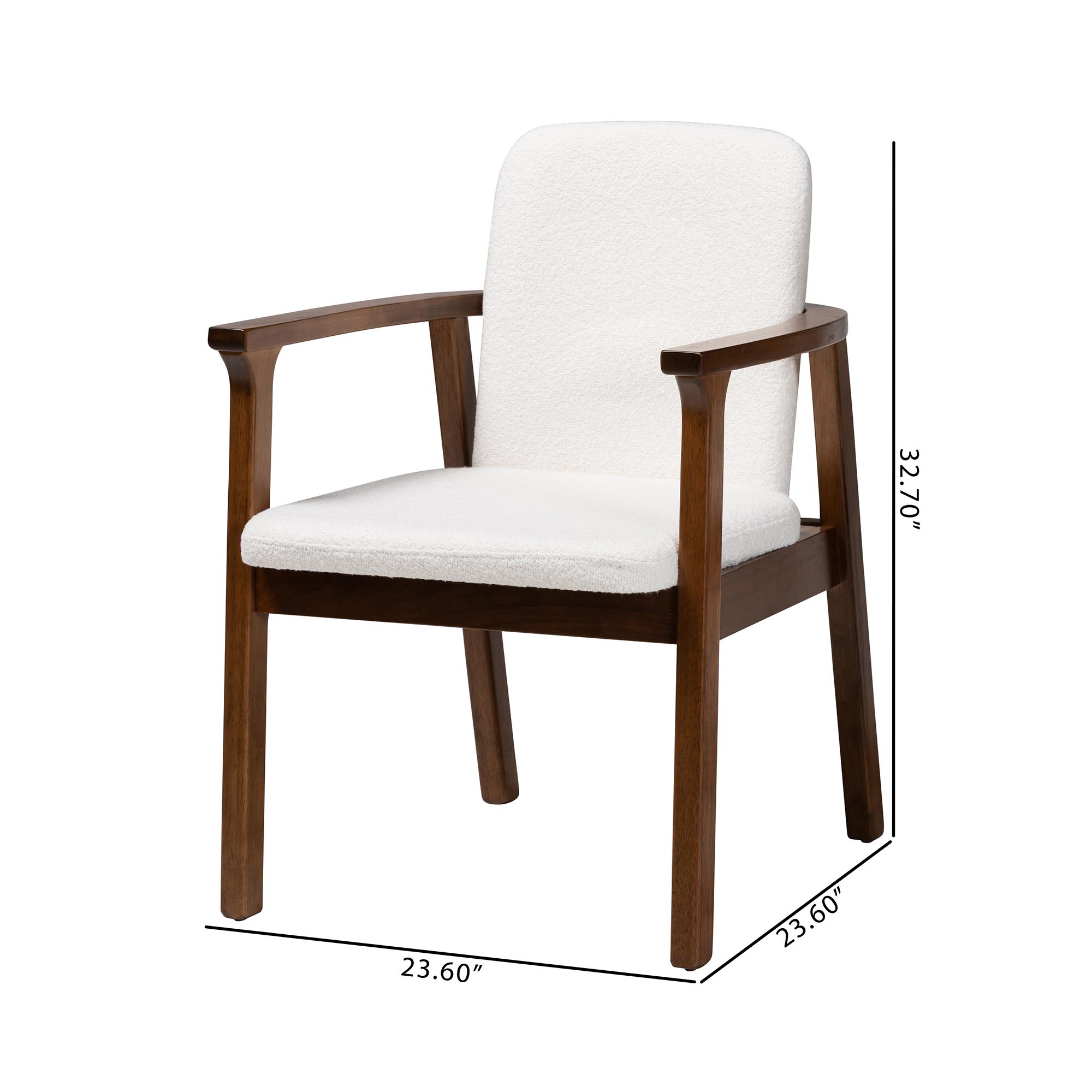 Baxton Studio Miyagi Boucle Upholstered Dining Chair Set of 2- Mid-Century Modern Armchair with Solid Wood Frame and Rounded Backrest, Walnut Brown and White