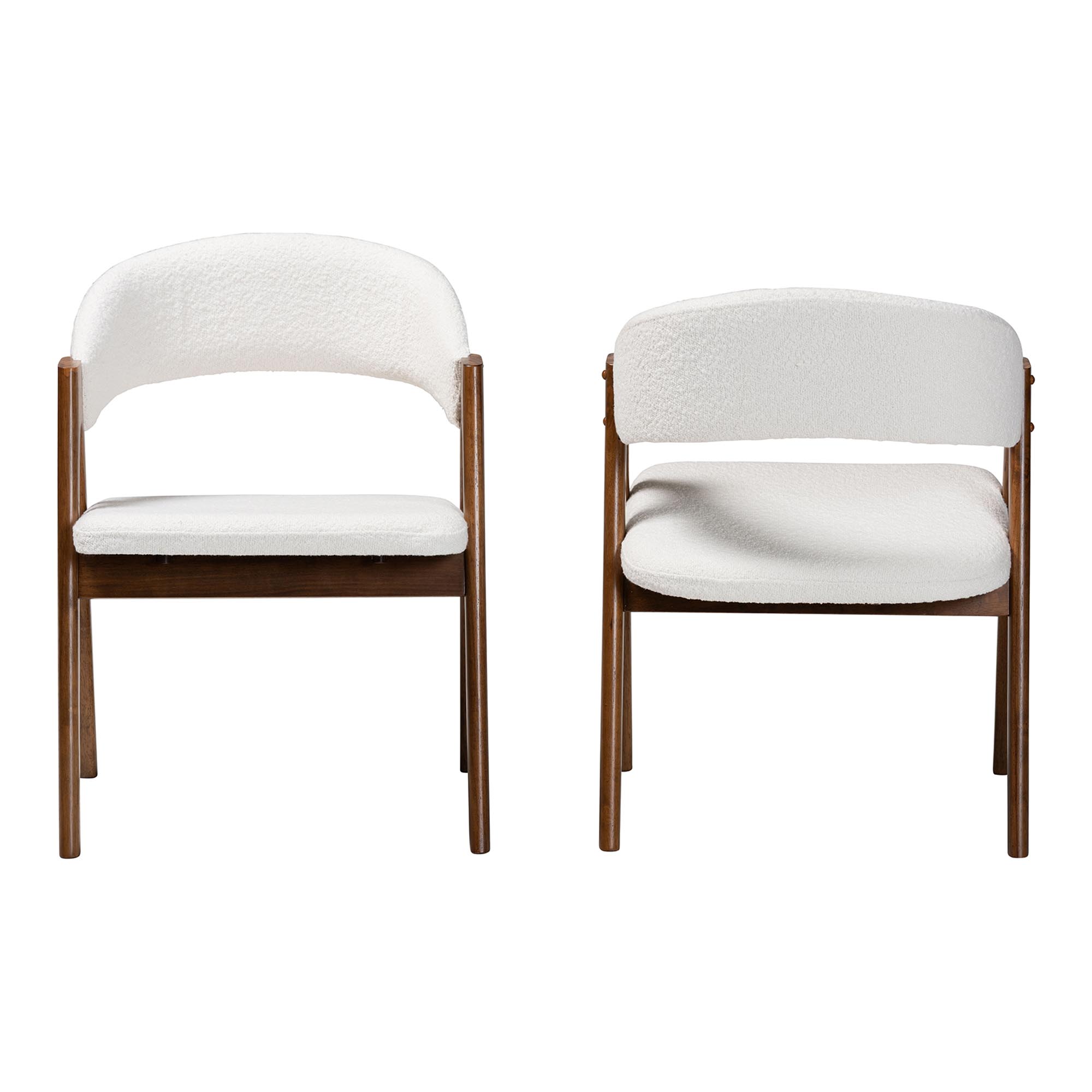 Baxton Studio Virden Boucle Upholstered Dining Chair Set of 2- Mid-Century Modern Armchair with Solid Wood Frame and Curved Open-Back Design, Walnut Brown and White