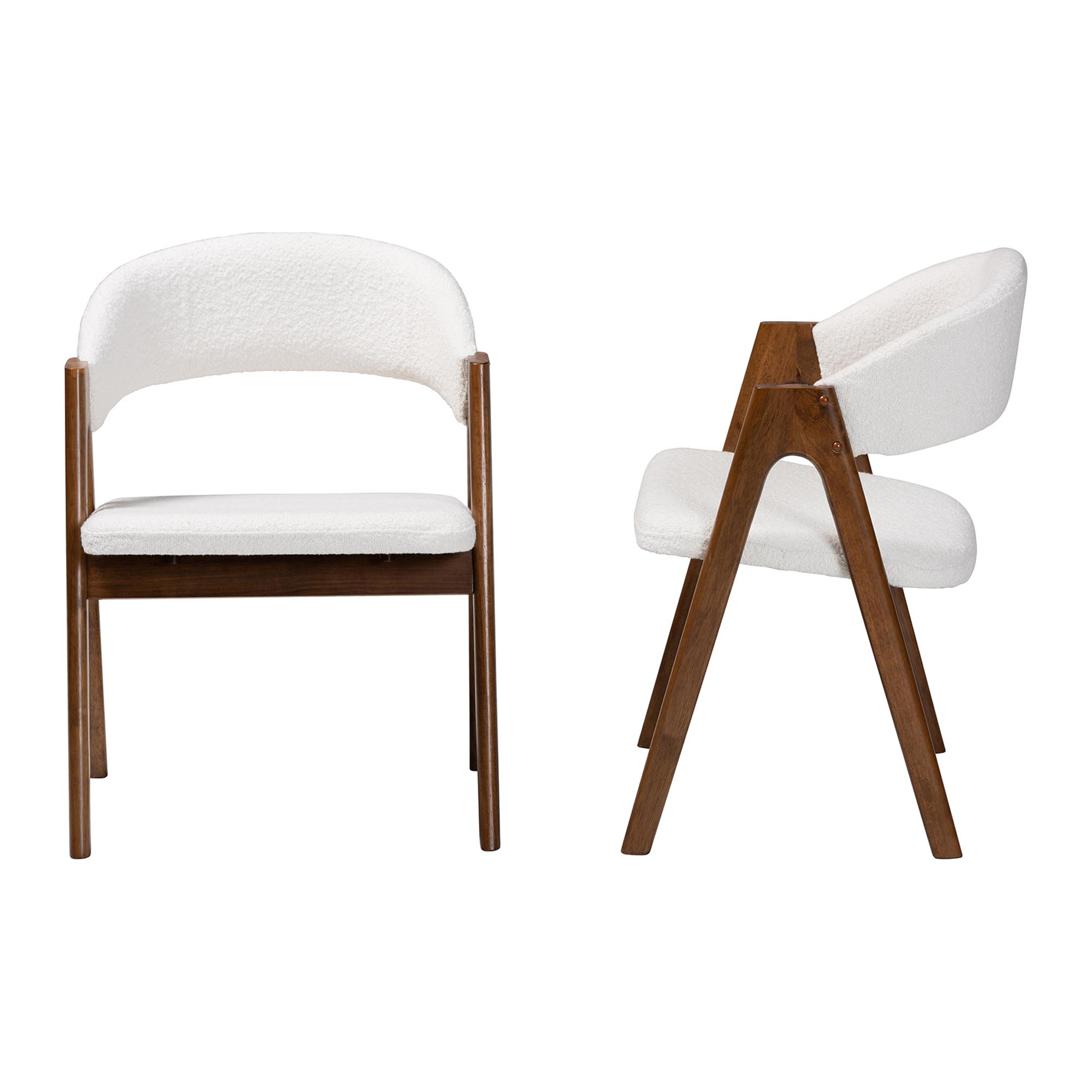 Baxton Studio Virden Boucle Upholstered Dining Chair Set of 2- Mid-Century Modern Armchair with Solid Wood Frame and Curved Open-Back Design, Walnut Brown and White