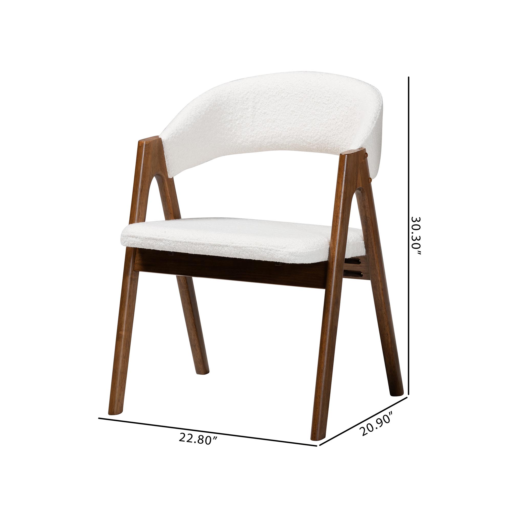 Baxton Studio Virden Boucle Upholstered Dining Chair Set of 2- Mid-Century Modern Armchair with Solid Wood Frame and Curved Open-Back Design, Walnut Brown and White