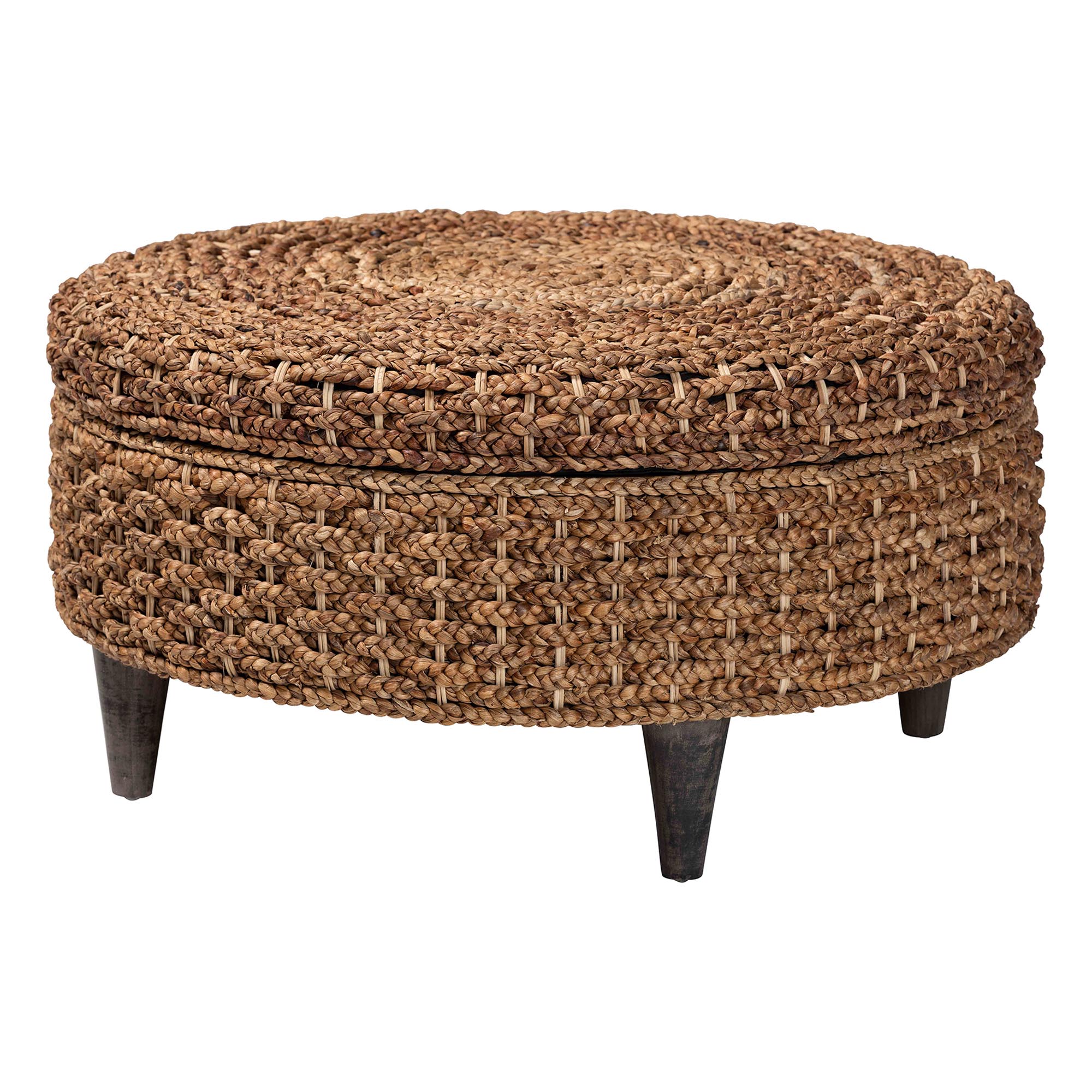 bali & pari Bailey Handwoven Seagrass Storage Ottoman with Lift -Top Lid - Rustic Wicker Trunk or Footrest with Inner Compartment for Living Room or Entryway, Round