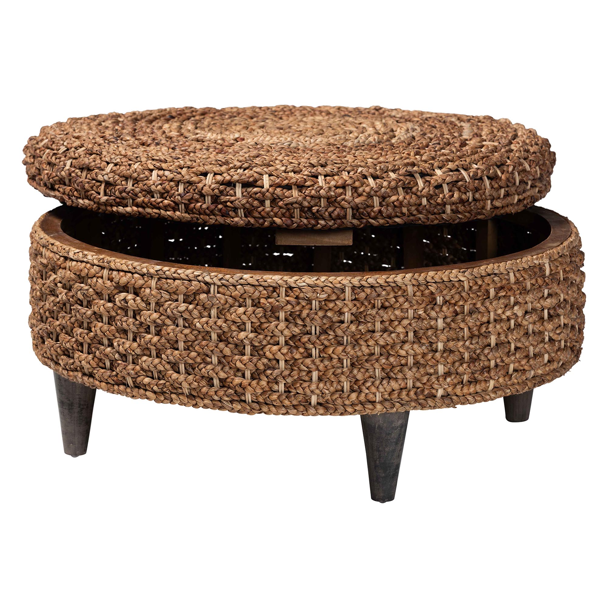 bali & pari Bailey Handwoven Seagrass Storage Ottoman with Lift -Top Lid - Rustic Wicker Trunk or Footrest with Inner Compartment for Living Room or Entryway, Round