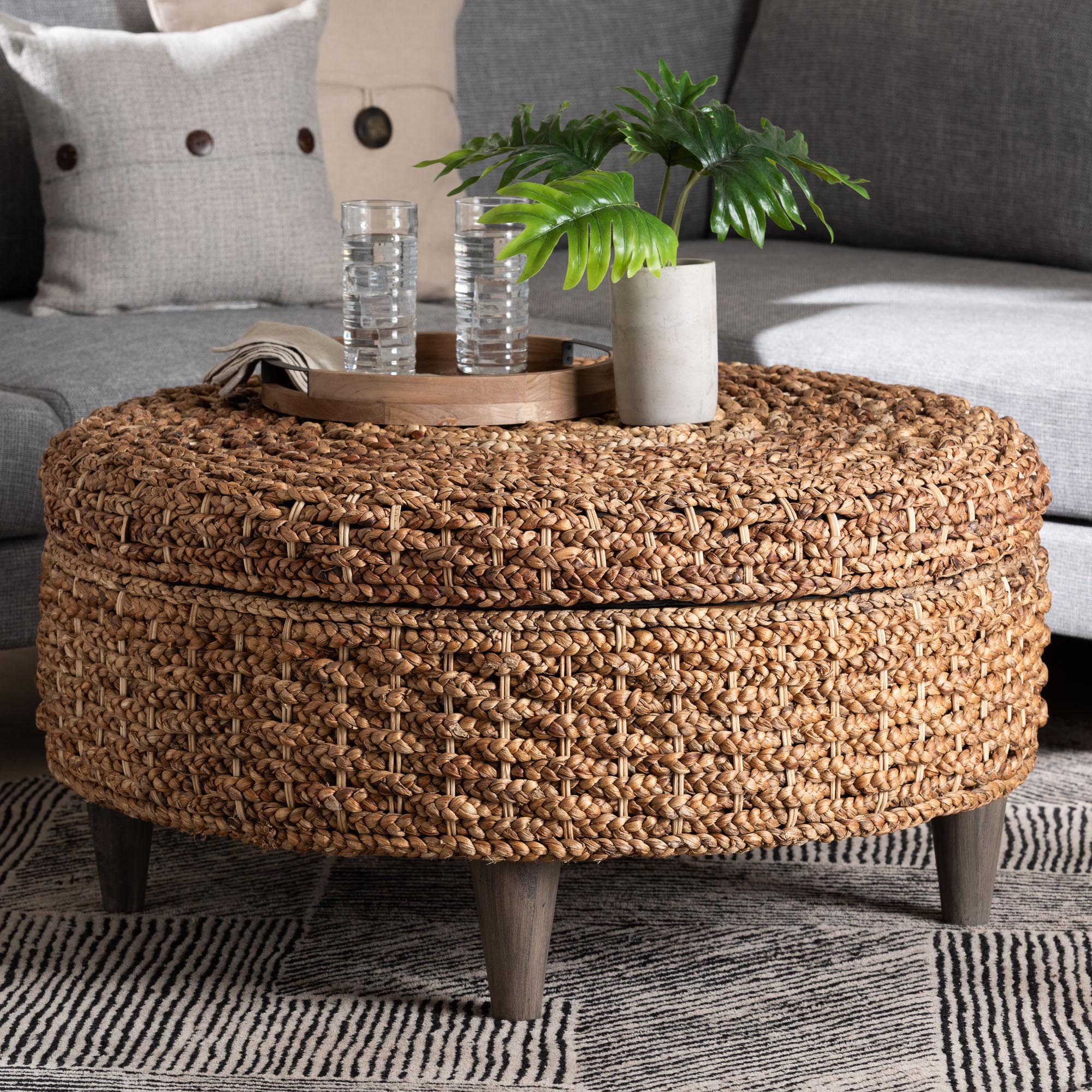 bali & pari Bailey Handwoven Seagrass Storage Ottoman with Lift -Top Lid - Rustic Wicker Trunk or Footrest with Inner Compartment for Living Room or Entryway, Round