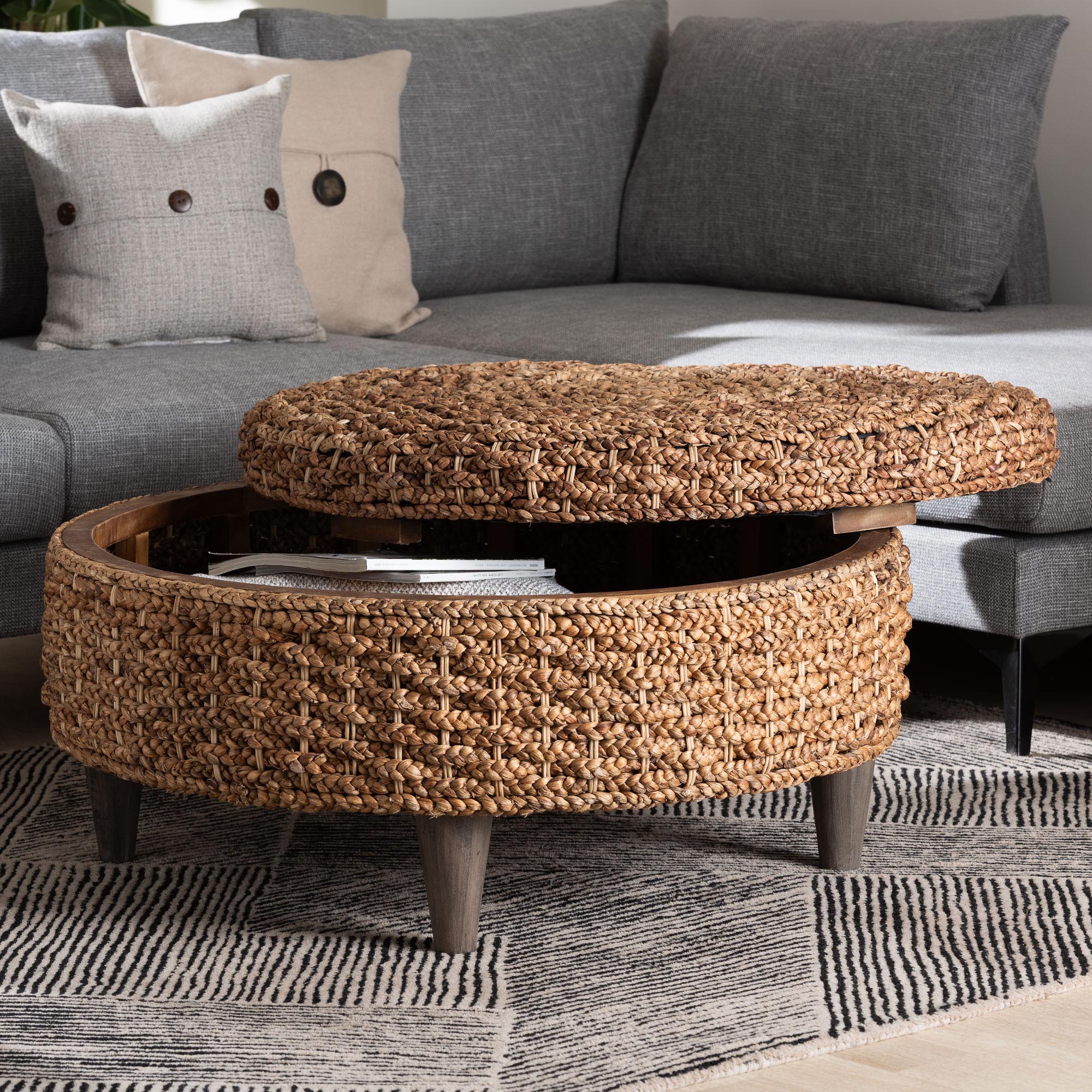 bali & pari Bailey Handwoven Seagrass Storage Ottoman with Lift -Top Lid - Rustic Wicker Trunk or Footrest with Inner Compartment for Living Room or Entryway, Round