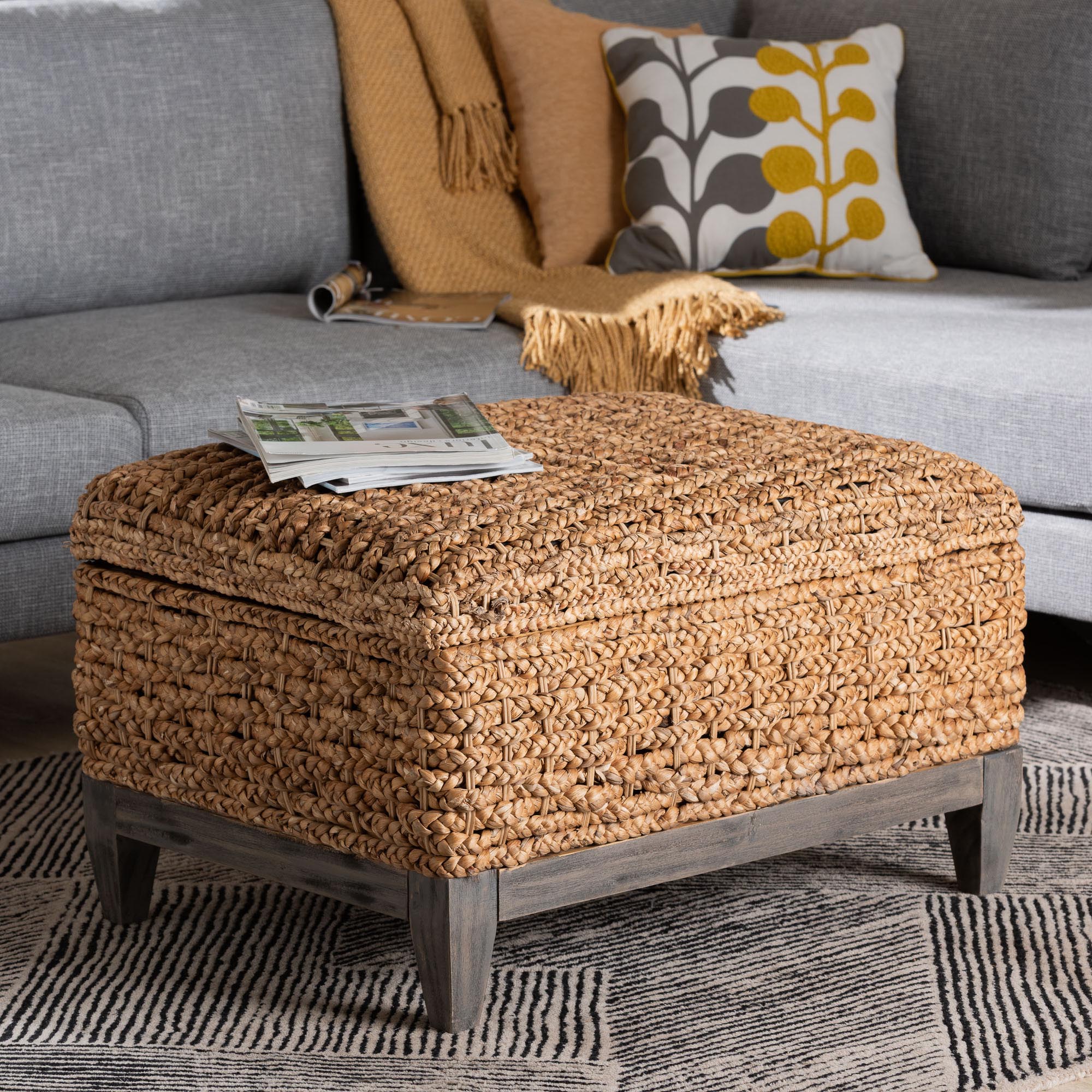 bali & pari Bailey Handwoven Seagrass Storage Ottoman with Lift -Top Lid - Rustic Wicker Trunk or Footrest with Inner Compartment for Living Room or Entryway, Square