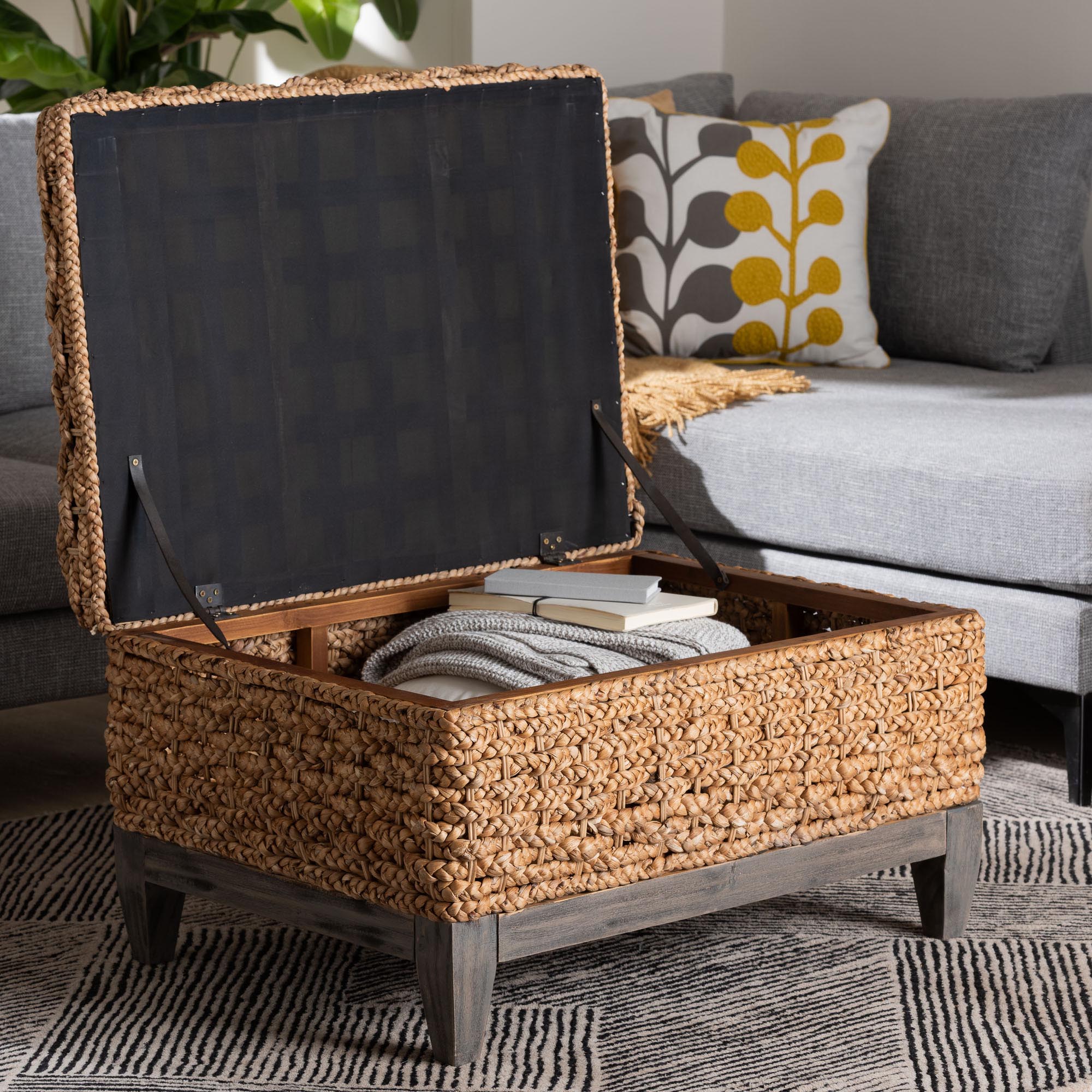 bali & pari Bailey Handwoven Seagrass Storage Ottoman with Lift -Top Lid - Rustic Wicker Trunk or Footrest with Inner Compartment for Living Room or Entryway, Square