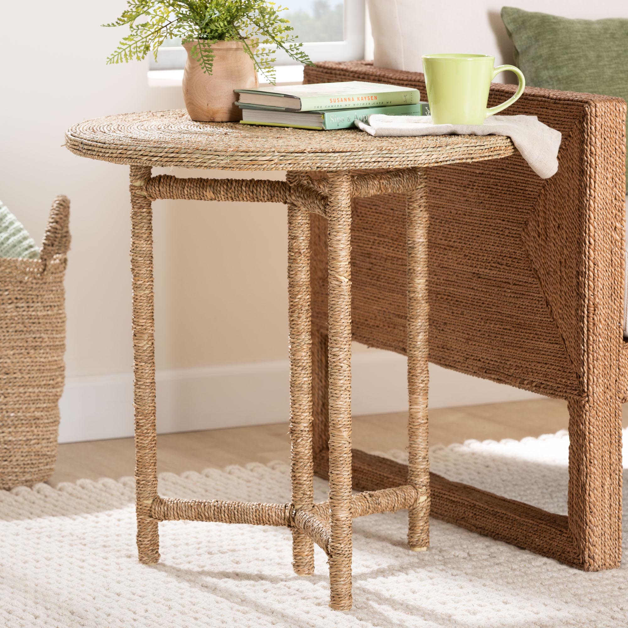 bali & pari Fumito Handwoven Seagrass End Table - Round Boho Side Table with Wrapped Frame, Handmade Coastal Decor for Living Room or Sun Room