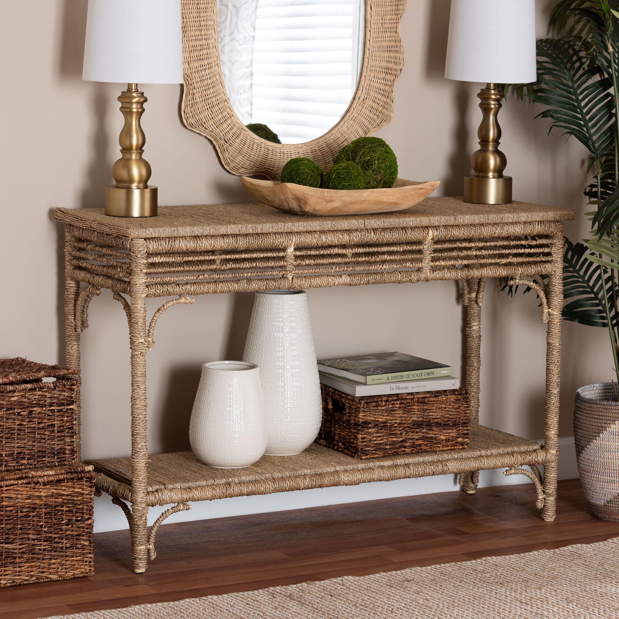 bali & pari Ganit Handwoven Seagrass Console Table - Entryway Table with Wrapped Frame and Lower Shelf, Accent Table for Hallway, Living Room, or Foyer Decor