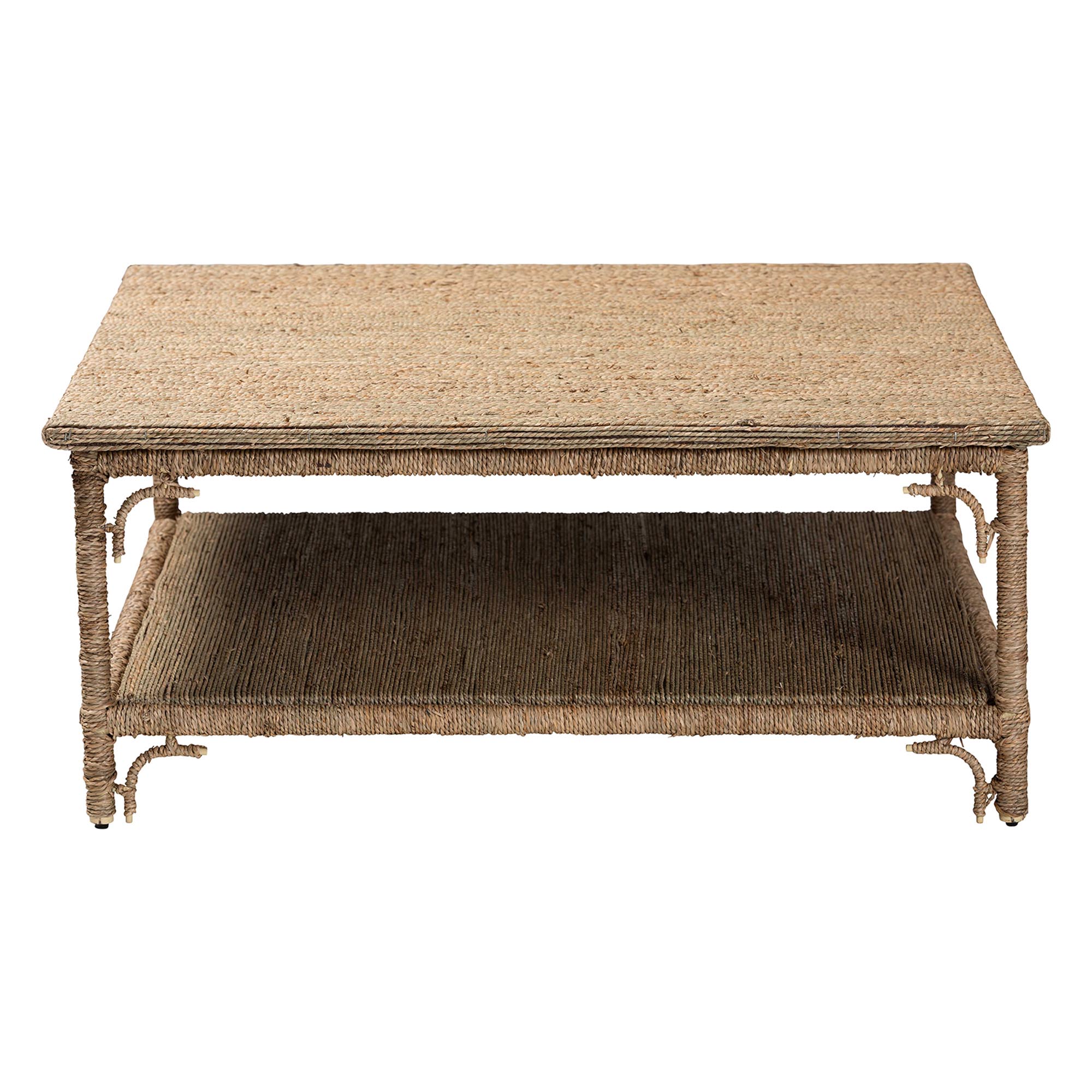 bali & pari Ganit Handwoven Seagrass Coffee Table - Square Center Table with Wrapped Frame and Lower Shelf, Coastal Boho Accent Furniture for Living Room or Lounge