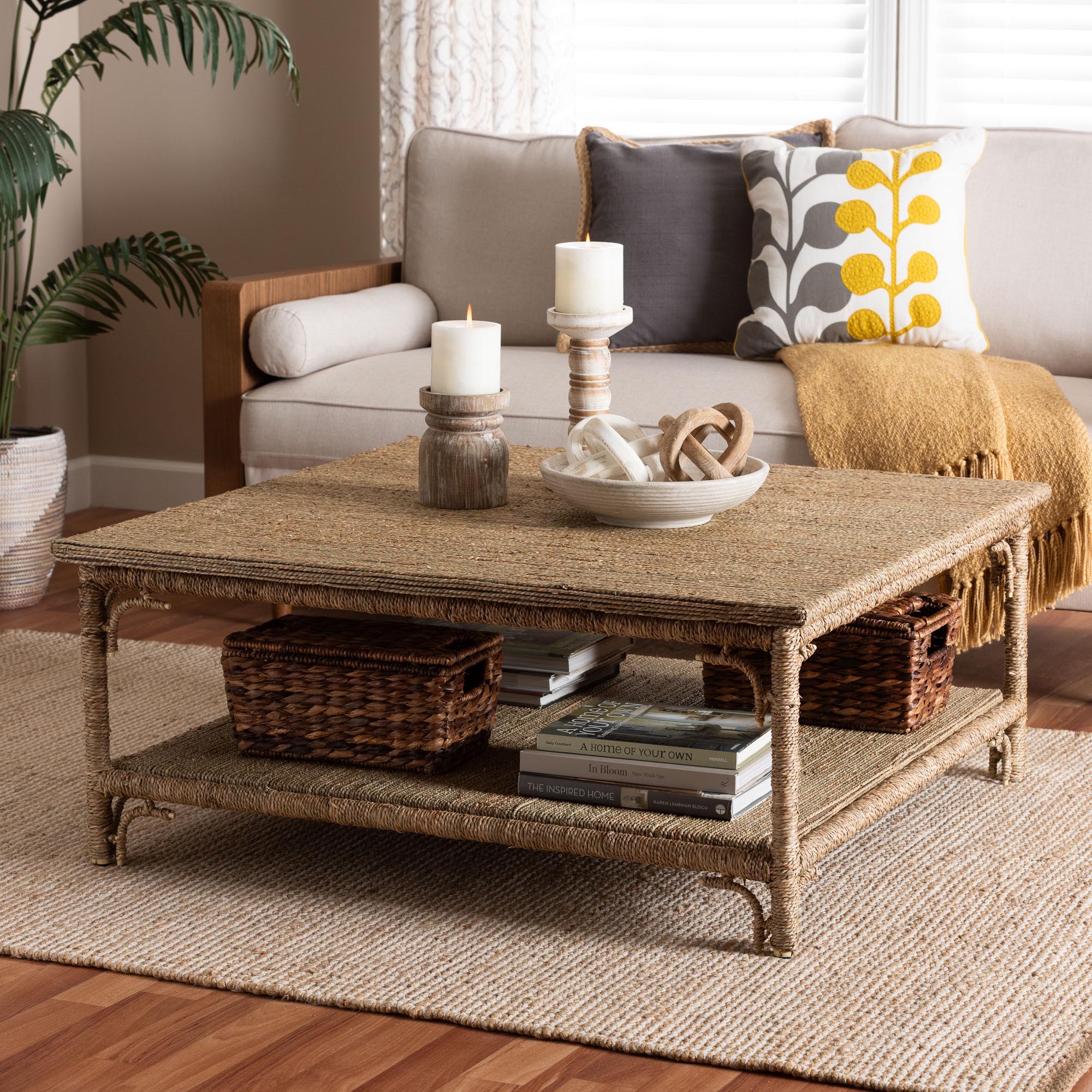 bali & pari Ganit Handwoven Seagrass Coffee Table - Square Center Table with Wrapped Frame and Lower Shelf, Coastal Boho Accent Furniture for Living Room or Lounge