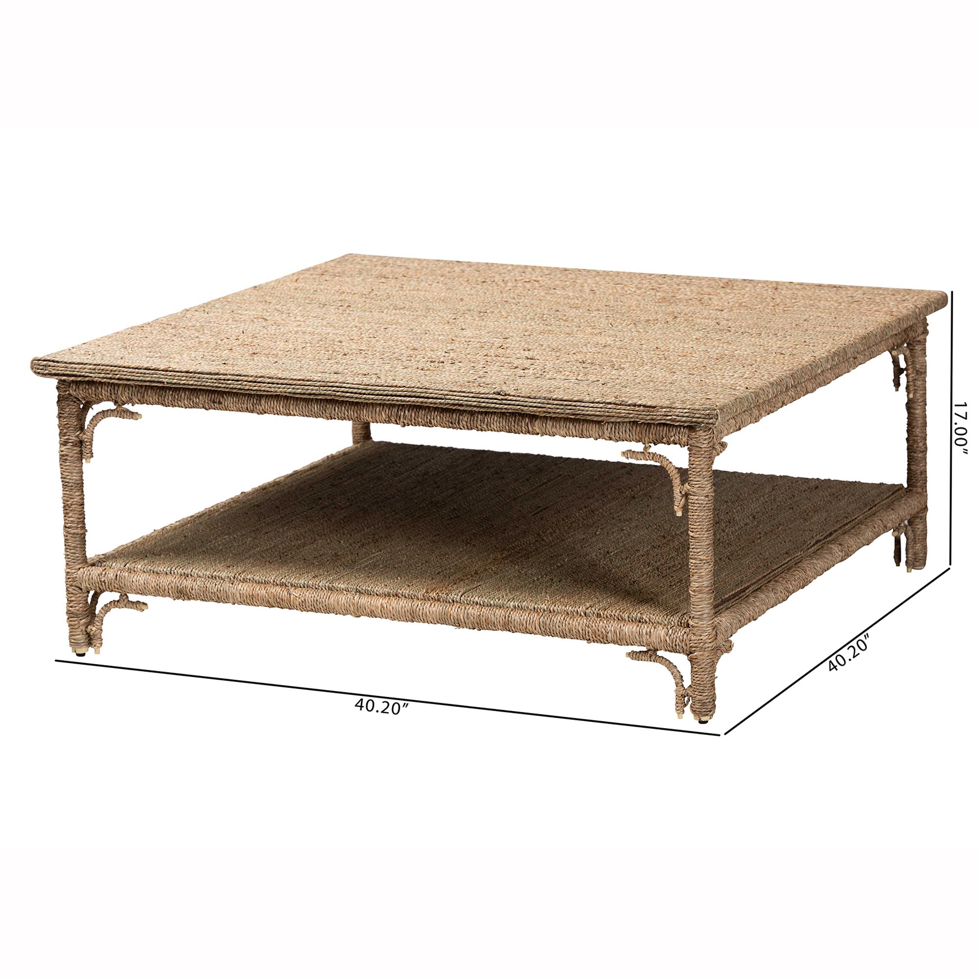 bali & pari Ganit Handwoven Seagrass Coffee Table - Square Center Table with Wrapped Frame and Lower Shelf, Coastal Boho Accent Furniture for Living Room or Lounge