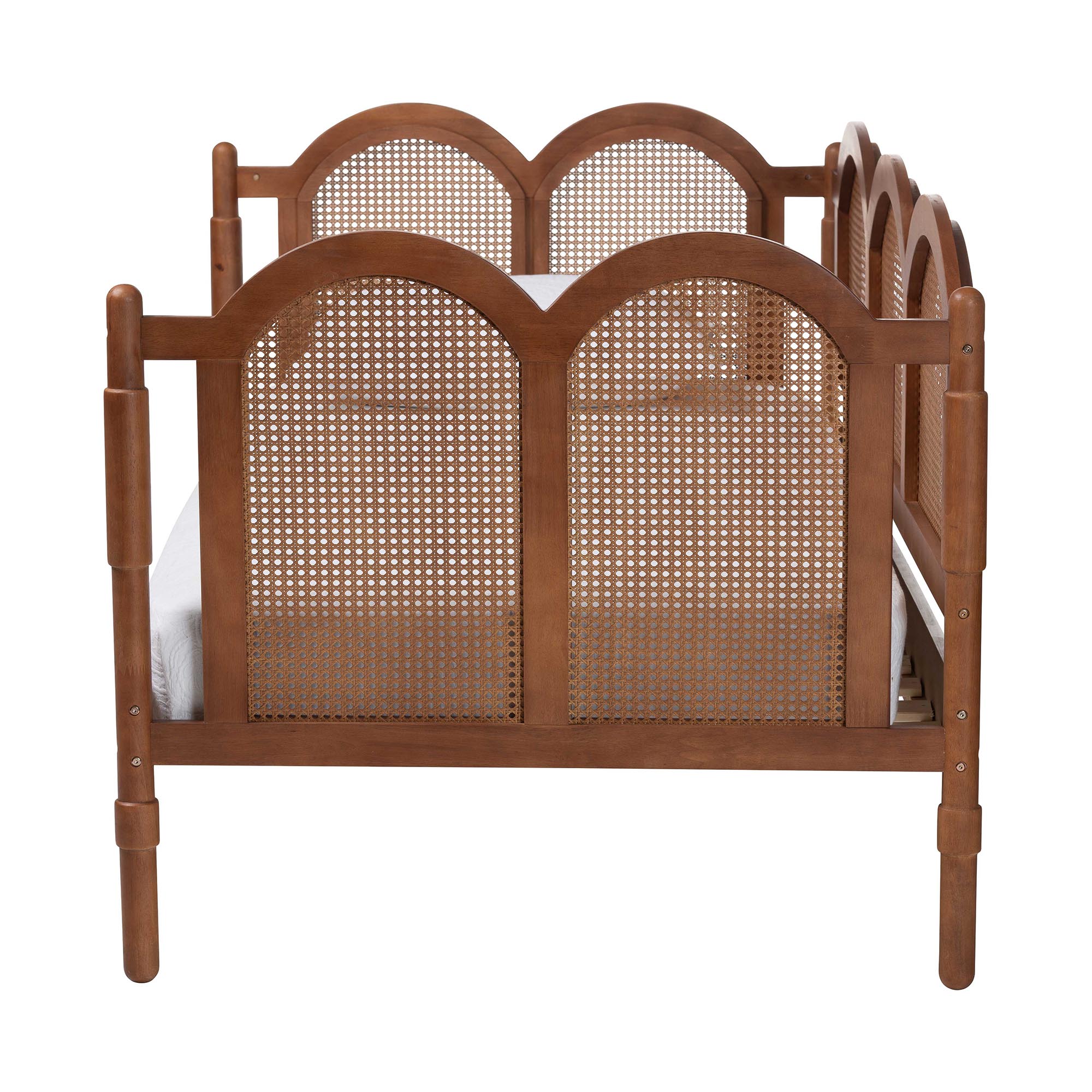 Baxton Studio Carmiya Scalloped Daybed - Twin Size Wooden Frame with Rattan Panels, Arched Boho Coastal Style Bed for Living Room or Guest Bedroom