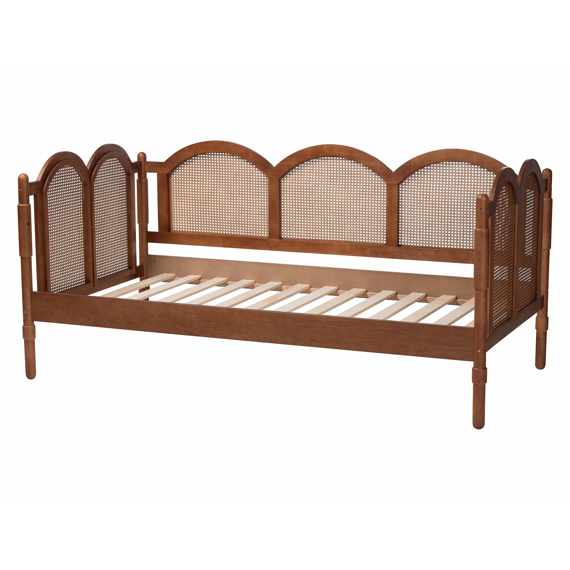 Baxton Studio Carmiya Scalloped Daybed - Twin Size Wooden Frame with Rattan Panels, Arched Boho Coastal Style Bed for Living Room or Guest Bedroom