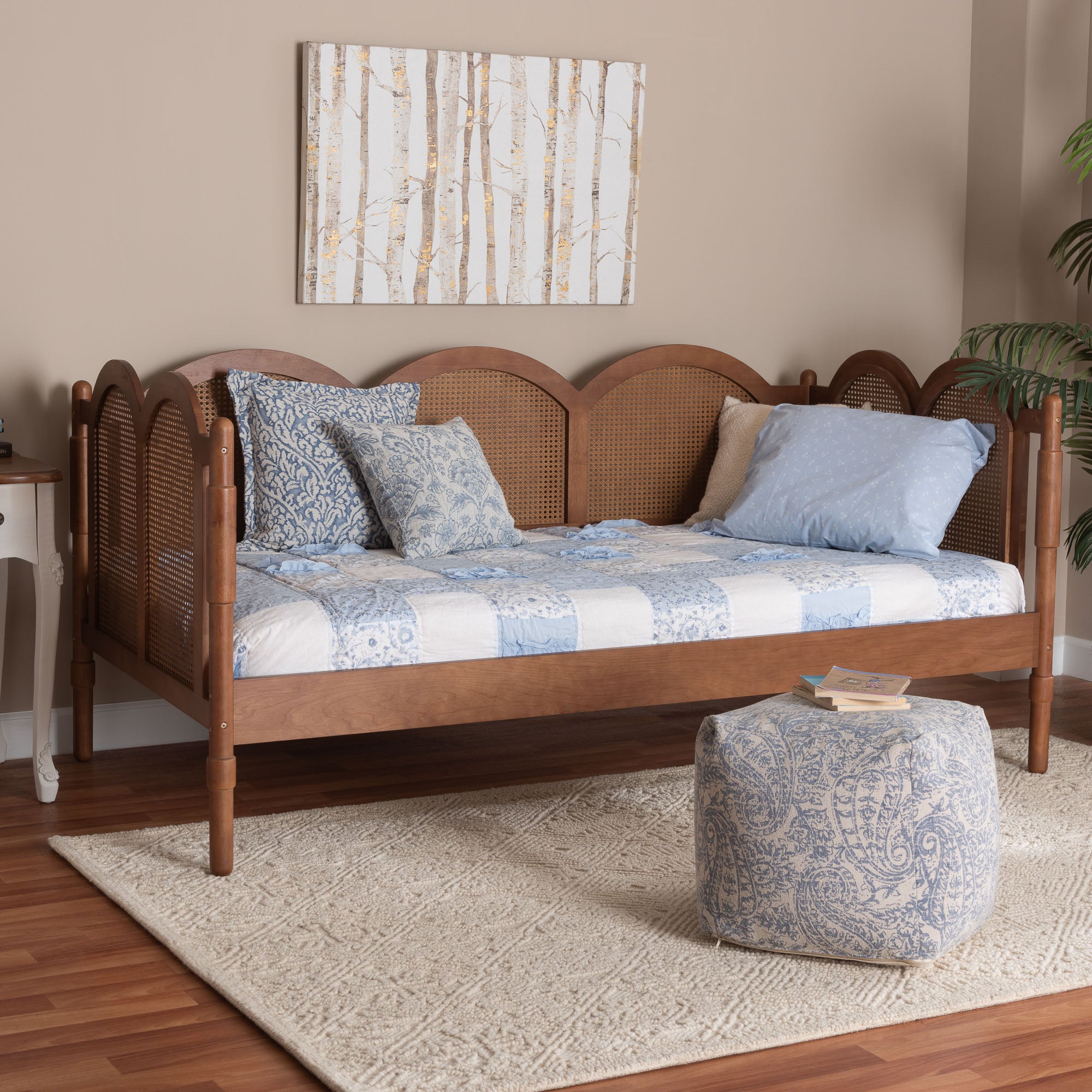 Baxton Studio Carmiya Scalloped Daybed - Twin Size Wooden Frame with Rattan Panels, Arched Boho Coastal Style Bed for Living Room or Guest Bedroom
