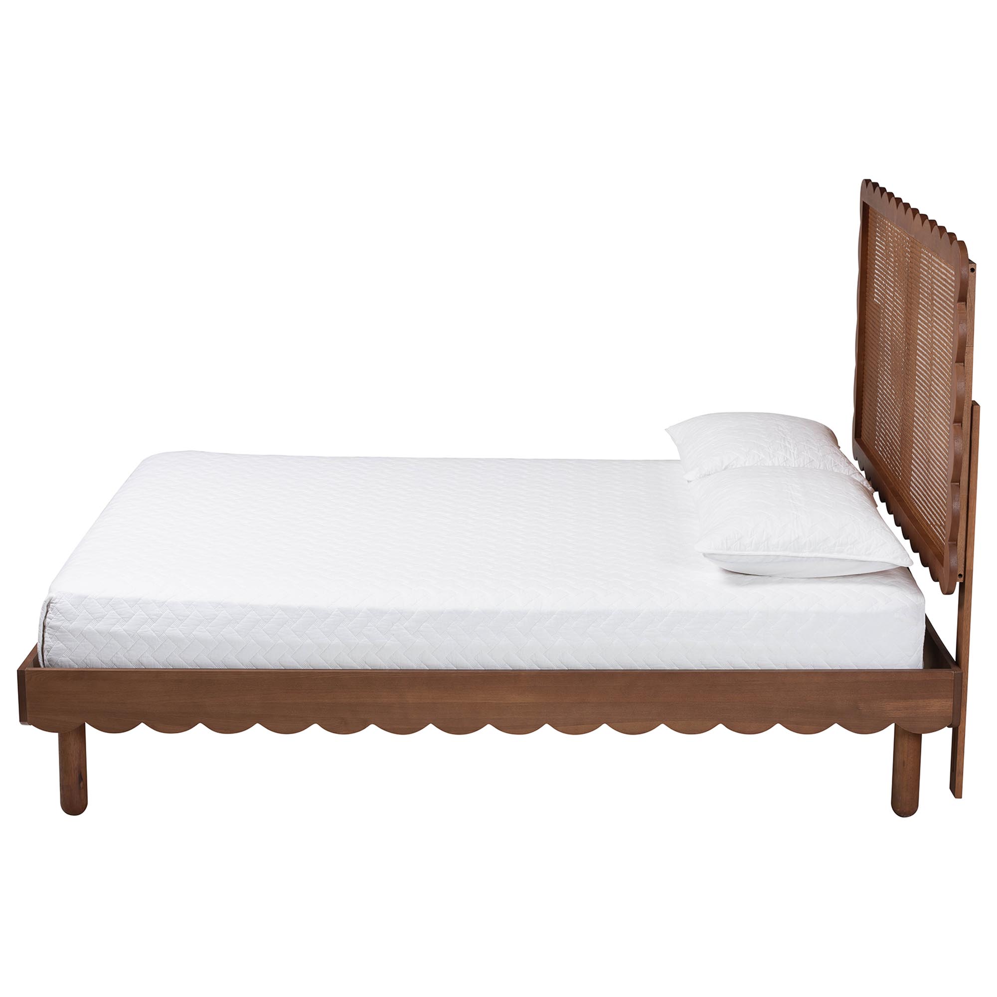 Baxton Studio Orianthe Scalloped Platform Bed with Woven Rattan Headboard - Solid Wood Bed Frame with Curved Edge Design, Modern Minimalist Bedroom Furniture, Queen Size