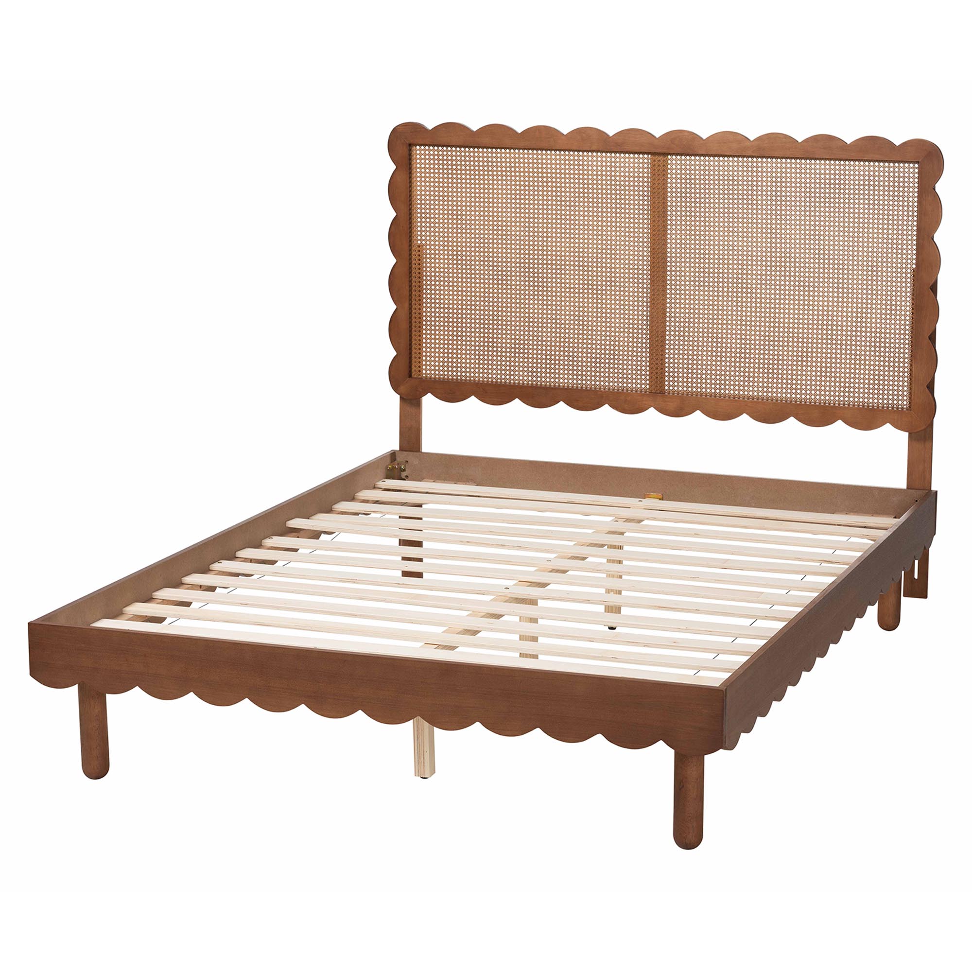 Baxton Studio Orianthe Scalloped Platform Bed with Woven Rattan Headboard - Solid Wood Bed Frame with Curved Edge Design, Modern Minimalist Bedroom Furniture, Queen Size