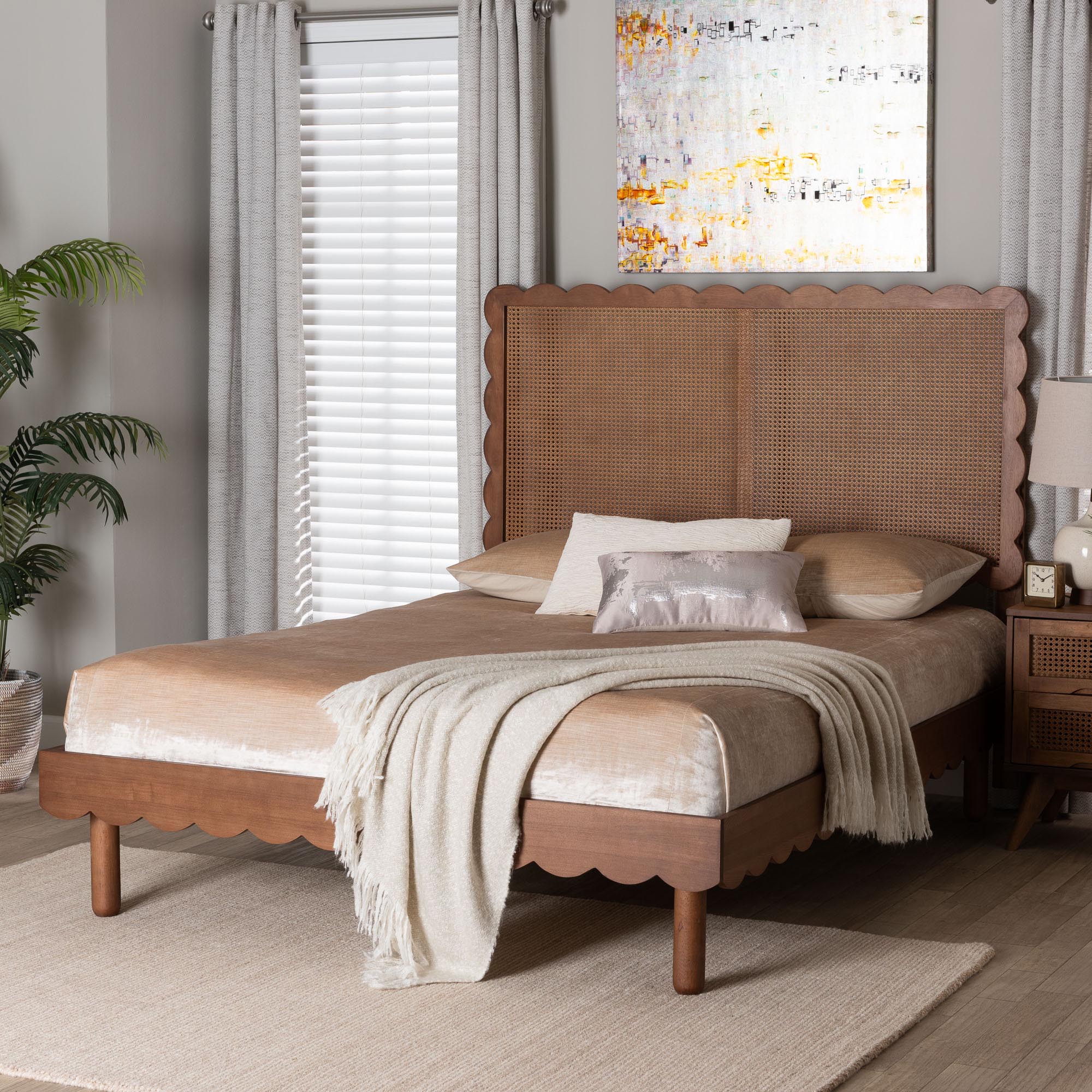 Baxton Studio Orianthe Scalloped Platform Bed with Woven Rattan Headboard - Solid Wood Bed Frame with Curved Edge Design, Modern Minimalist Bedroom Furniture, Queen Size