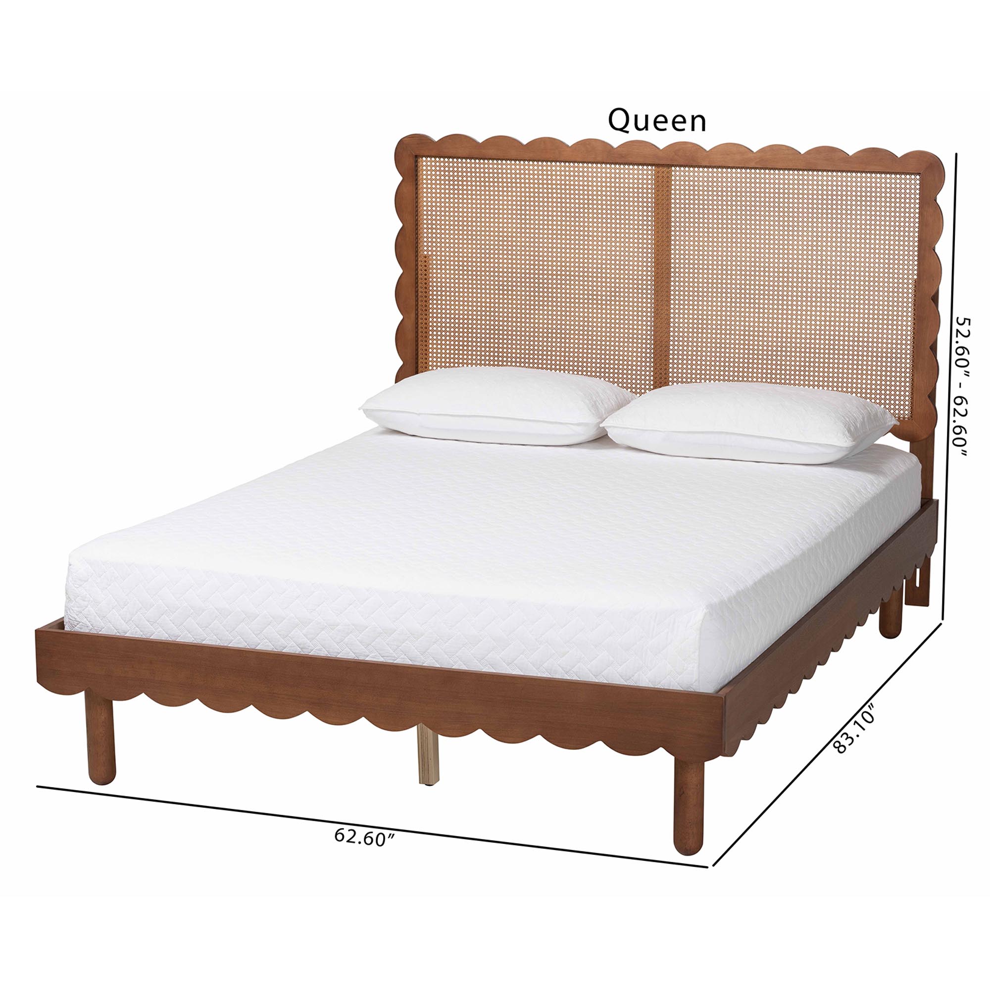 Baxton Studio Orianthe Scalloped Platform Bed with Woven Rattan Headboard - Solid Wood Bed Frame with Curved Edge Design, Modern Minimalist Bedroom Furniture, Queen Size
