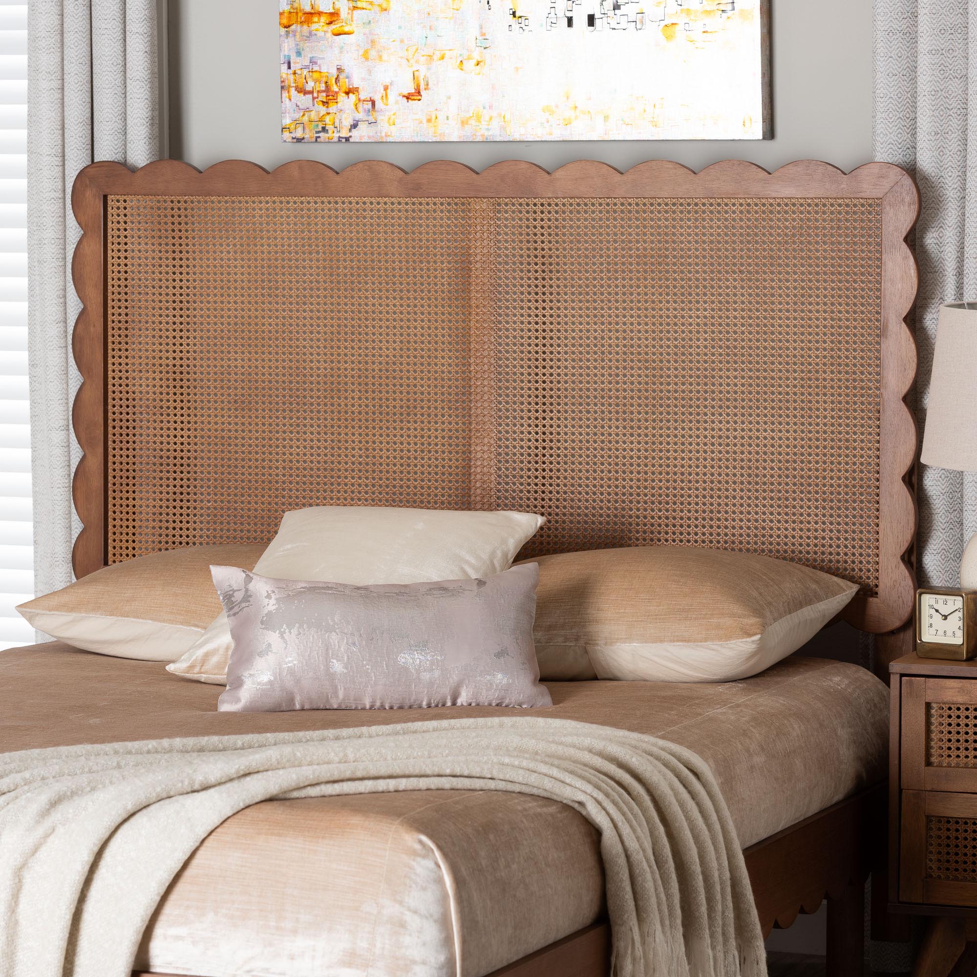 Baxton Studio Orianthe Scalloped Headboard - Boho Chic Bed Backrest with Cane Woven Panel, Modern Minimalist Bedroom Decor, Queen Size