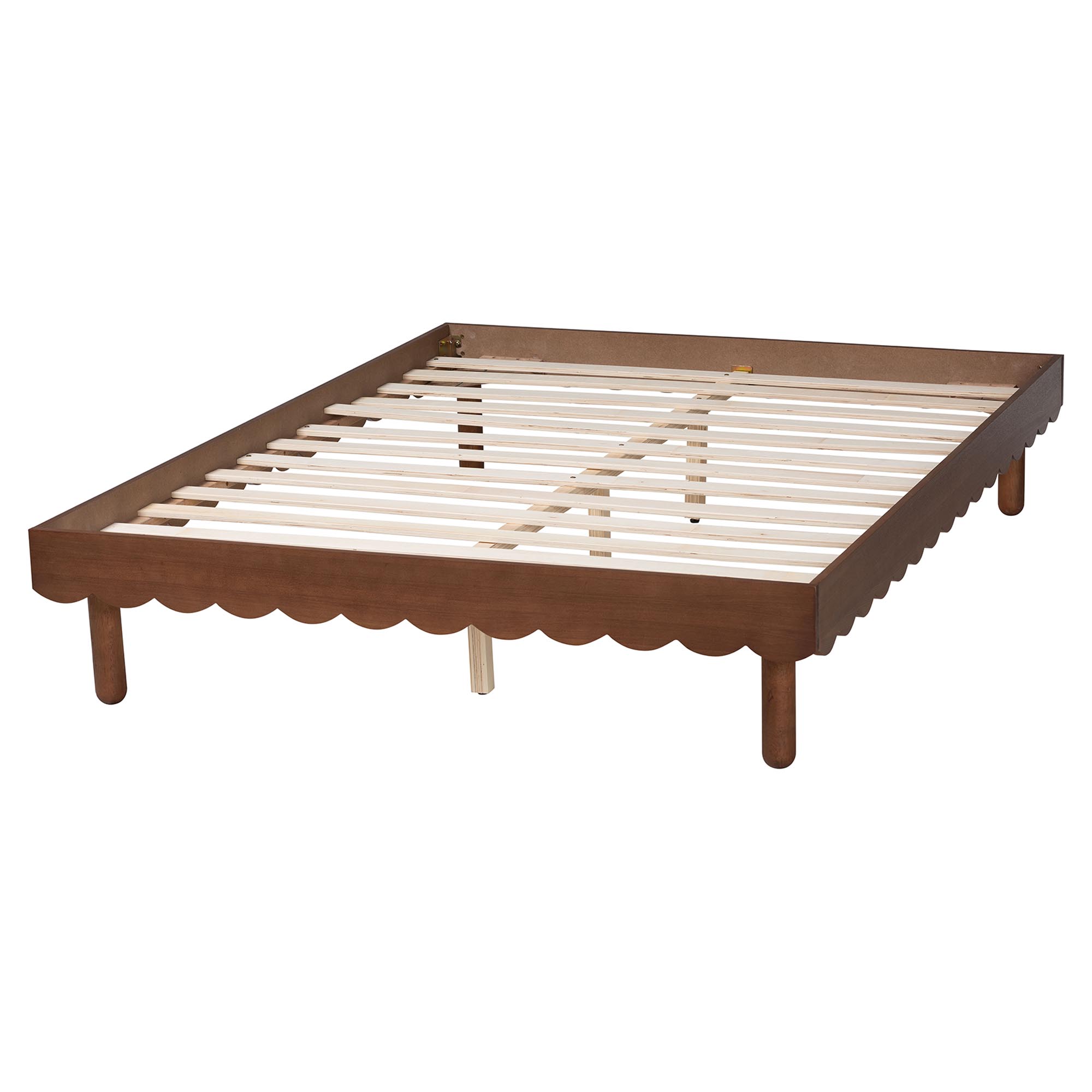 Baxton Studio Orianthe Wood Platform Bed Frame with Scalloped Edge Design - Low Profile Bed Base with Round Legs, Modern Minimalist Bedroom Furniture, Queen Size