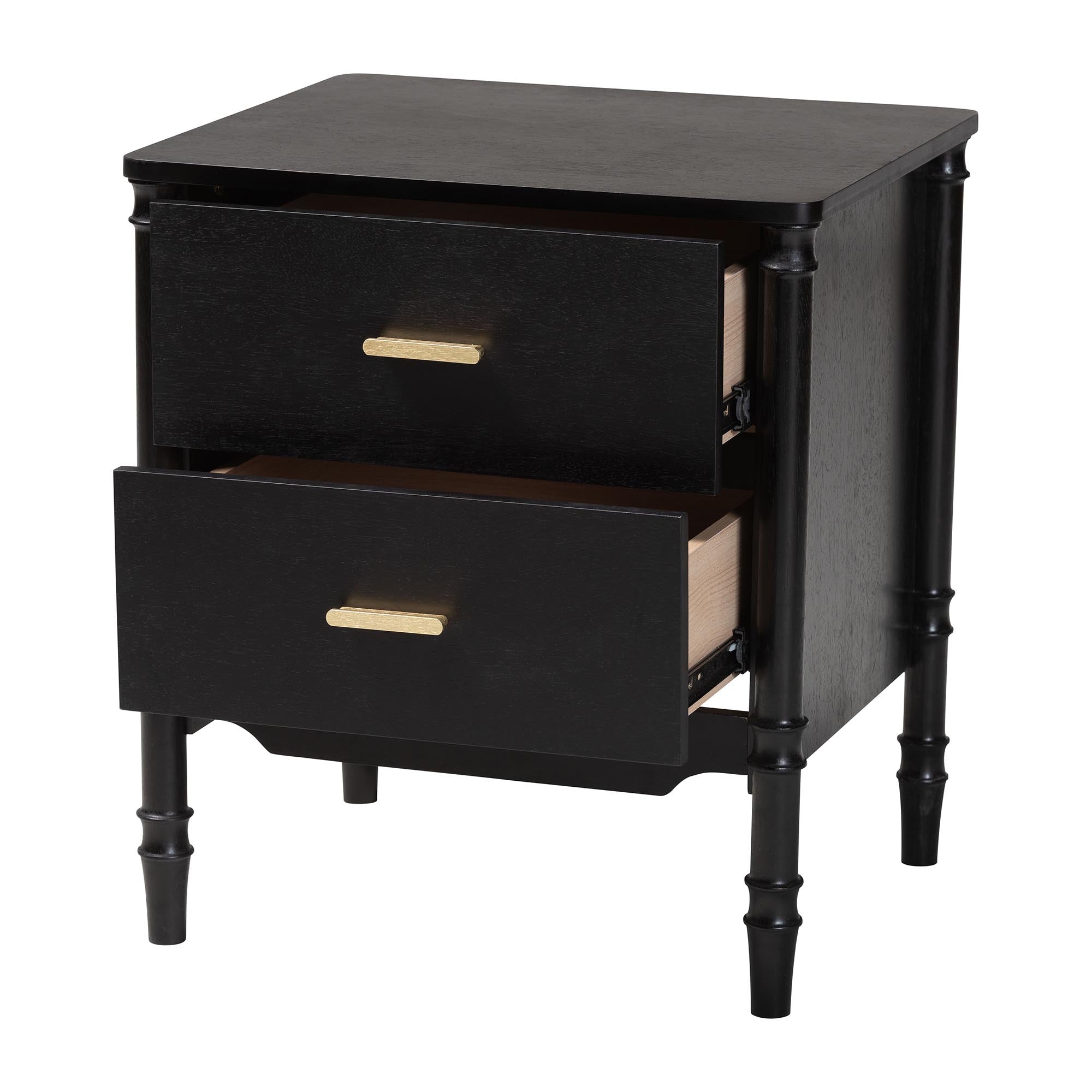 Baxton Studio Marisela Black Wood Nightstand with Gold Handles - 2-Drawer Bedside Table with Bamboo-Inspired Legs, Modern Transitional Accent Furniture for Bedroom or Guest Room