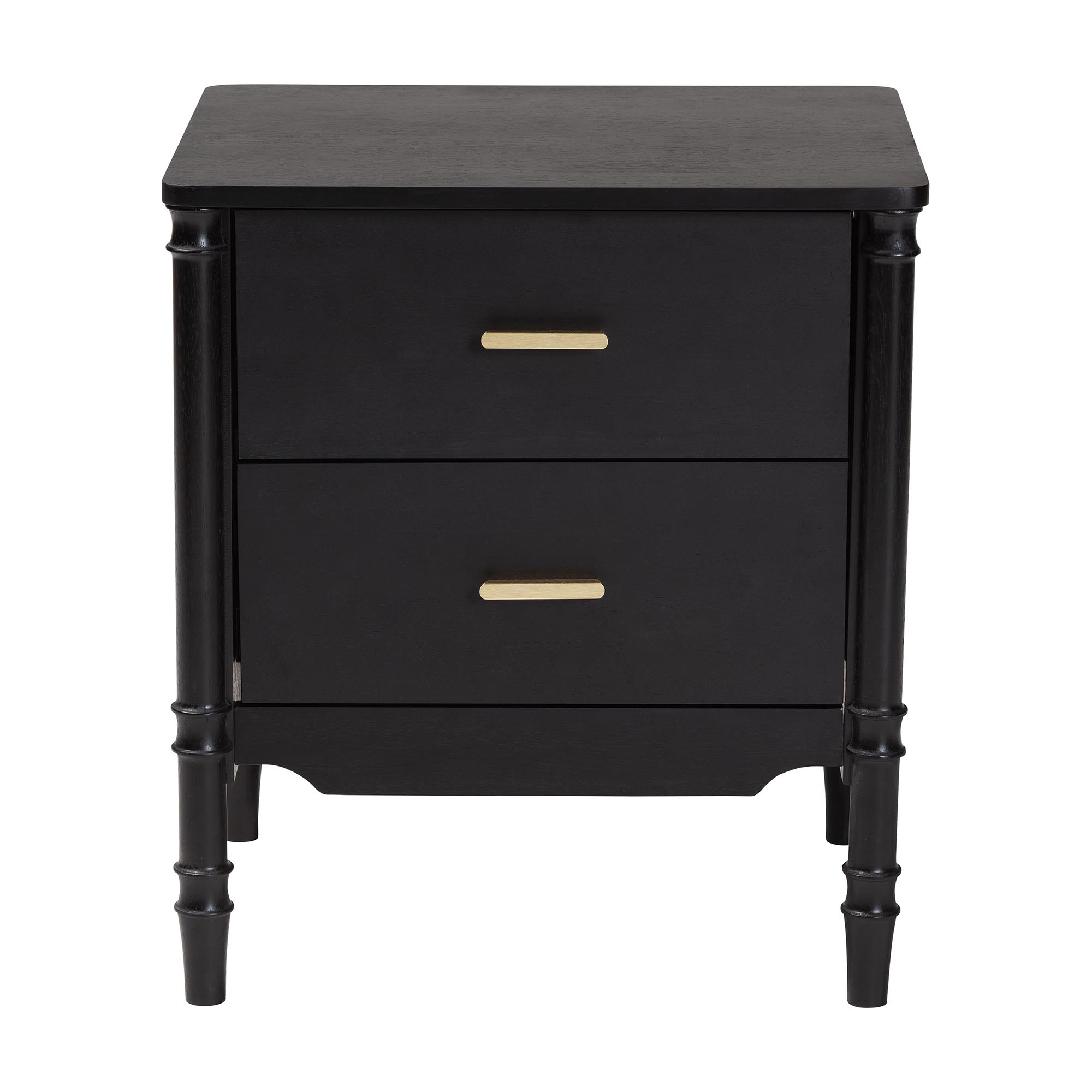 Baxton Studio Marisela Black Wood Nightstand with Gold Handles - 2-Drawer Bedside Table with Bamboo-Inspired Legs, Modern Transitional Accent Furniture for Bedroom or Guest Room