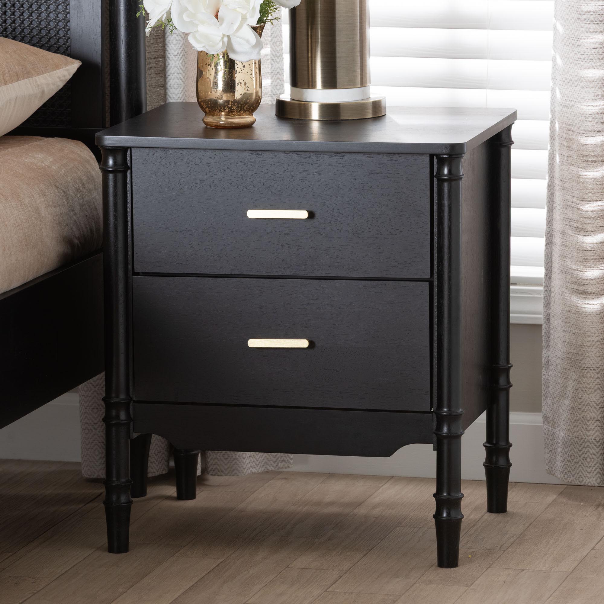 Baxton Studio Marisela Black Wood Nightstand with Gold Handles - 2-Drawer Bedside Table with Bamboo-Inspired Legs, Modern Transitional Accent Furniture for Bedroom or Guest Room