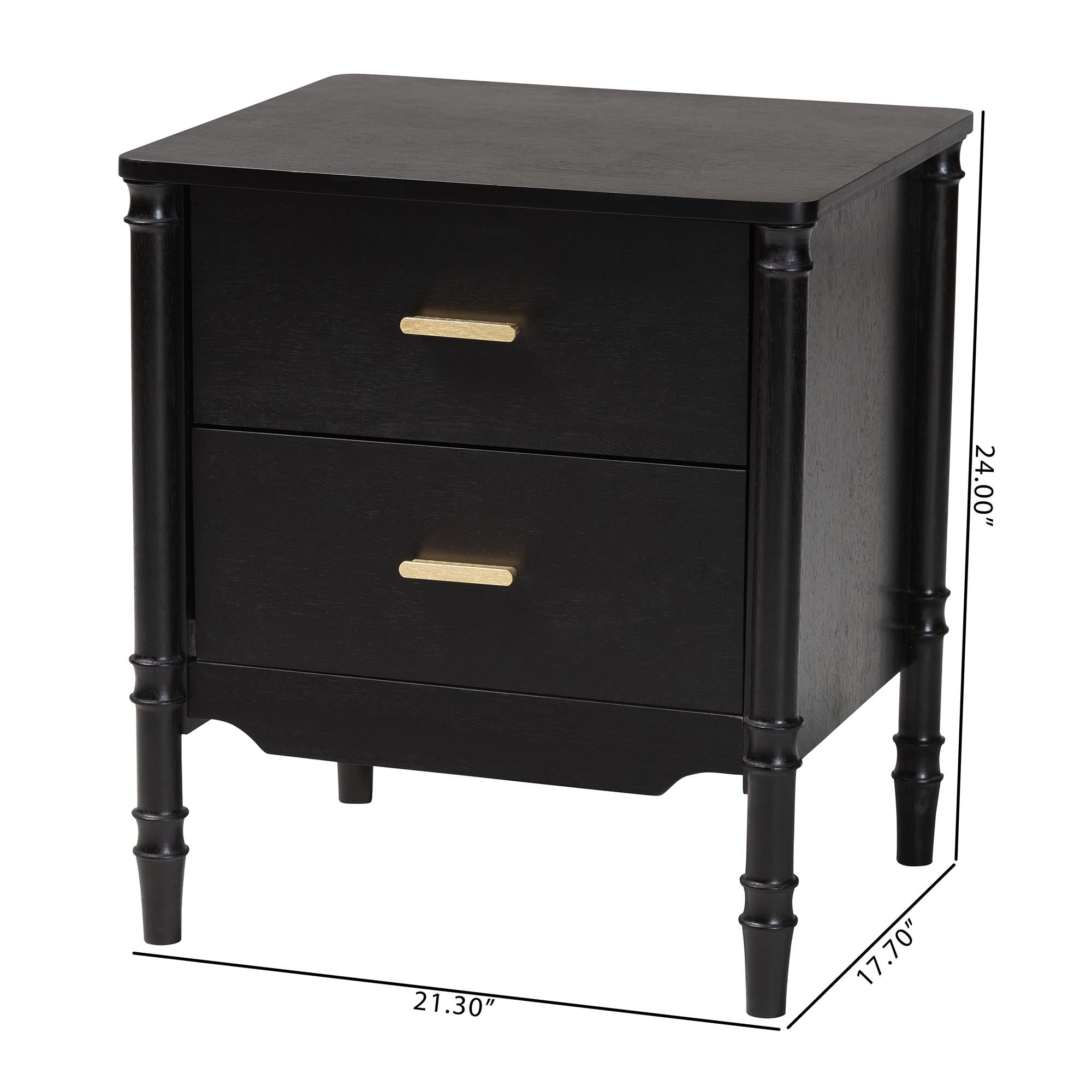 Baxton Studio Marisela Black Wood Nightstand with Gold Handles - 2-Drawer Bedside Table with Bamboo-Inspired Legs, Modern Transitional Accent Furniture for Bedroom or Guest Room