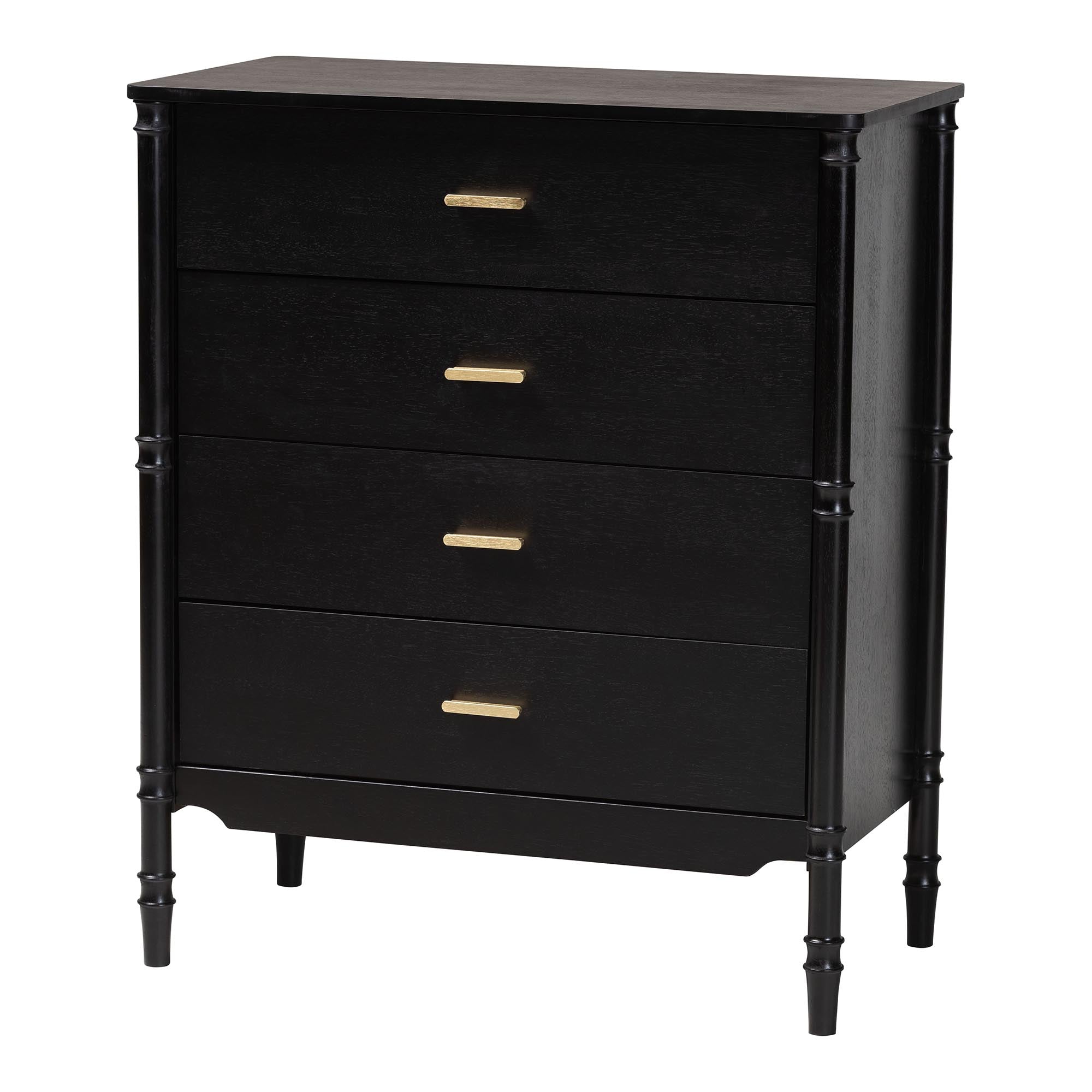 Baxton Studio Marisela Black Wood Chest of Drawers with Gold Handles - 4-Drawer Vertical Storage Dresser with Bamboo-Inspired Legs, Modern Transitional Accent Furniture for Bedroom or Guest Room