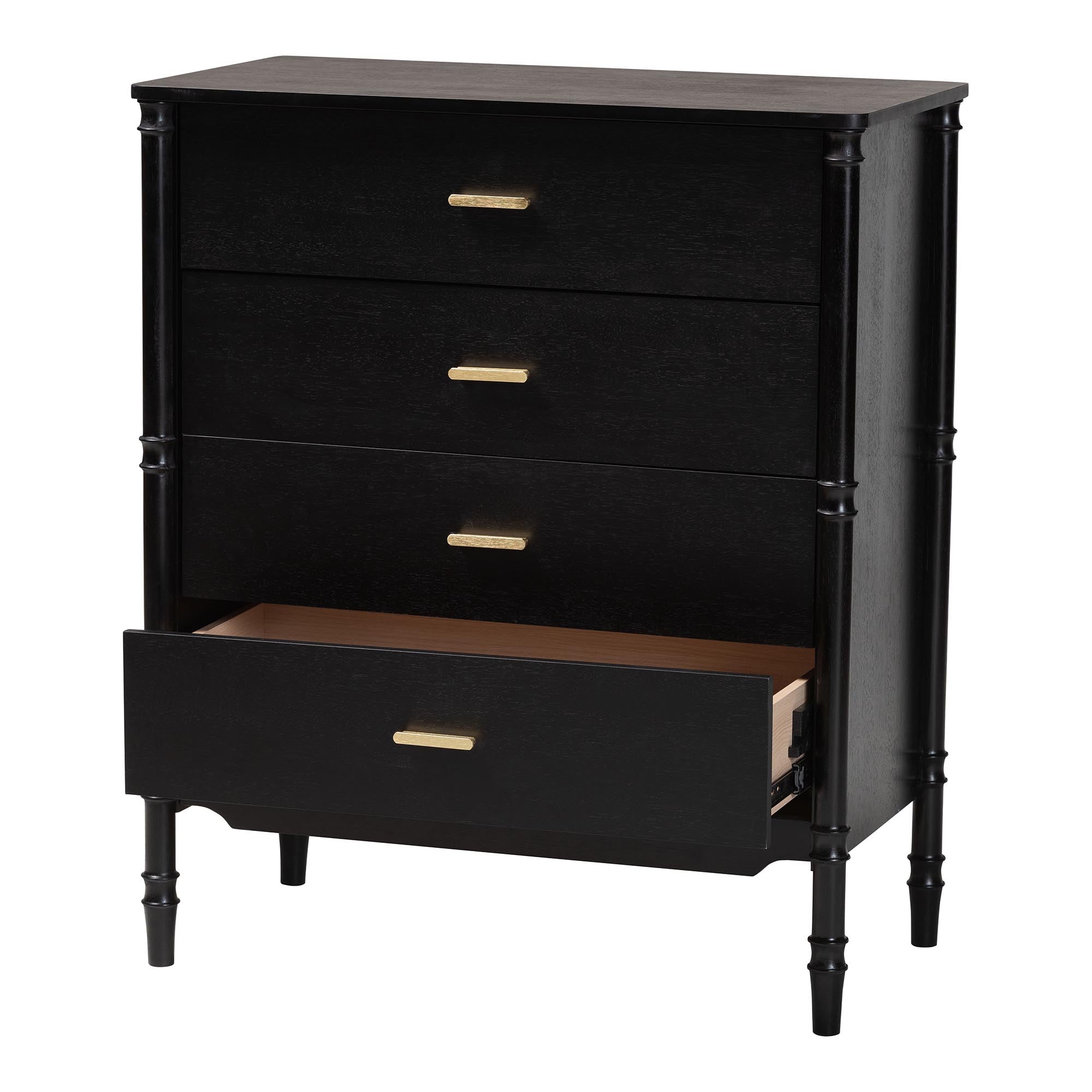Baxton Studio Marisela Black Wood Chest of Drawers with Gold Handles - 4-Drawer Vertical Storage Dresser with Bamboo-Inspired Legs, Modern Transitional Accent Furniture for Bedroom or Guest Room