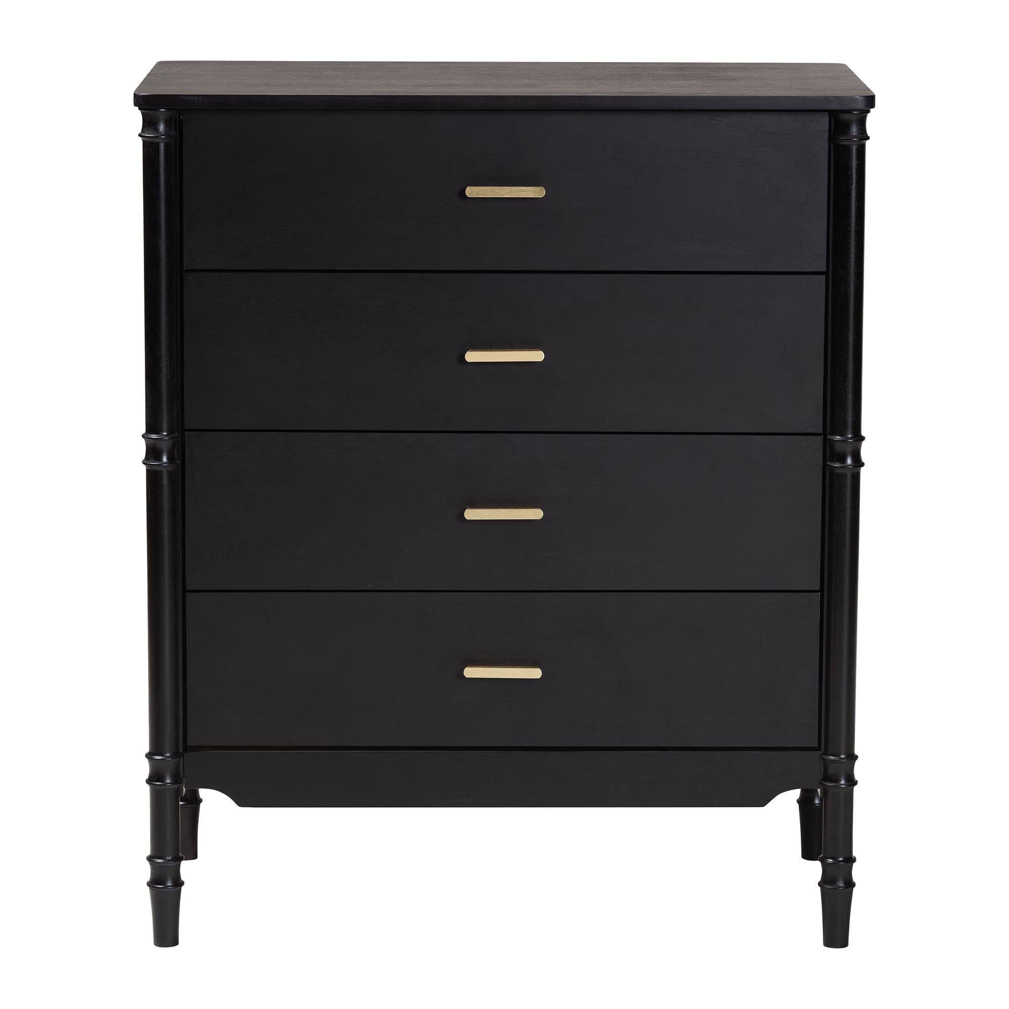 Baxton Studio Marisela Black Wood Chest of Drawers with Gold Handles - 4-Drawer Vertical Storage Dresser with Bamboo-Inspired Legs, Modern Transitional Accent Furniture for Bedroom or Guest Room