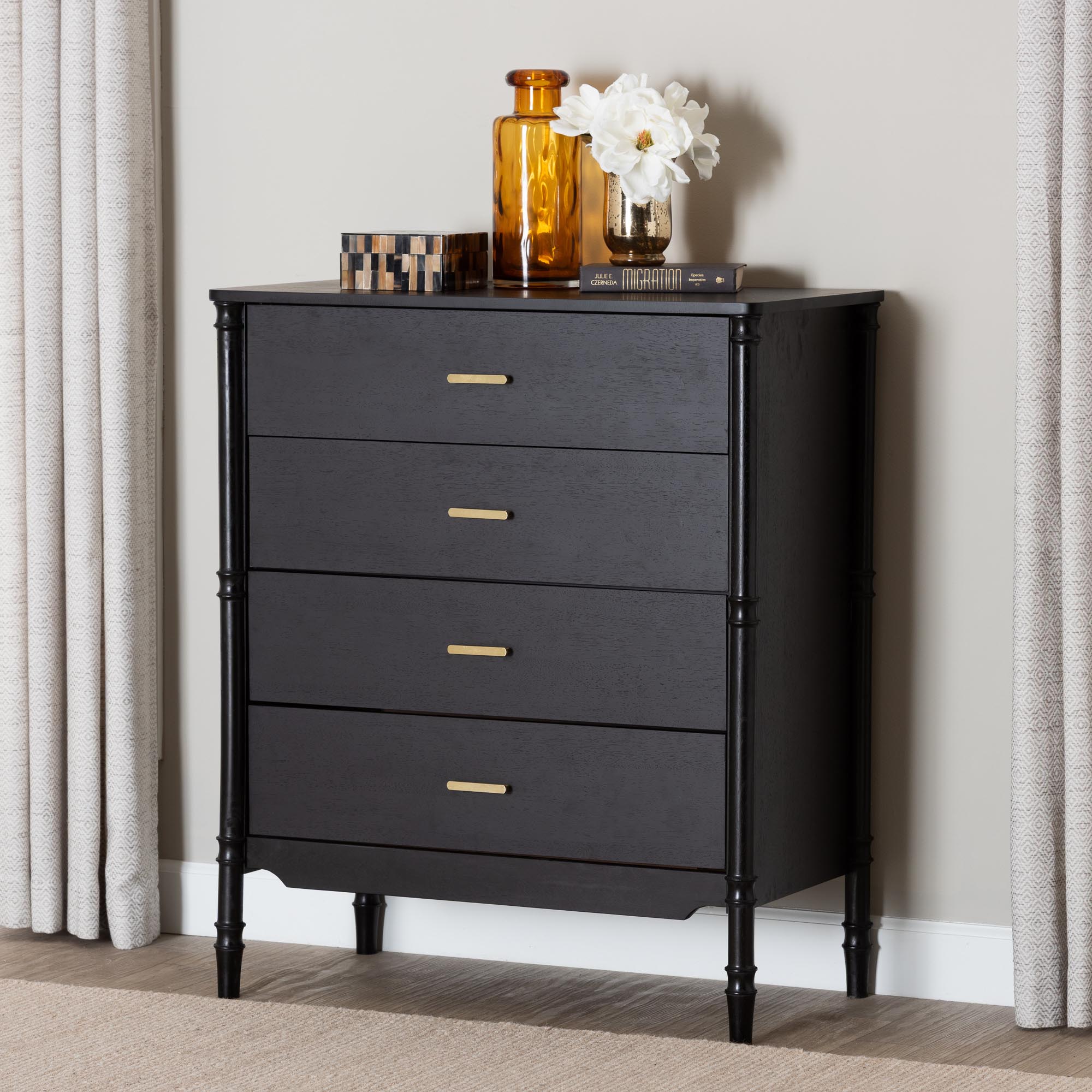 Baxton Studio Marisela Black Wood Chest of Drawers with Gold Handles - 4-Drawer Vertical Storage Dresser with Bamboo-Inspired Legs, Modern Transitional Accent Furniture for Bedroom or Guest Room