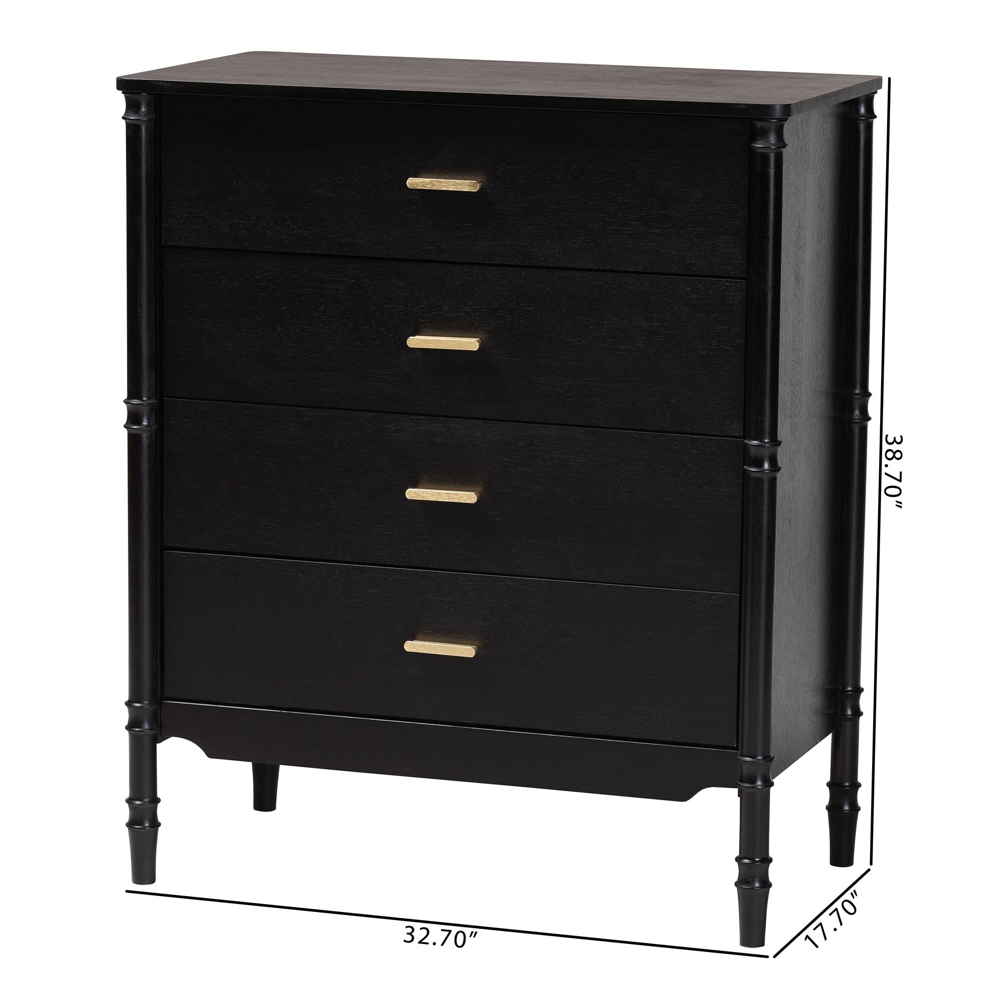 Baxton Studio Marisela Black Wood Chest of Drawers with Gold Handles - 4-Drawer Vertical Storage Dresser with Bamboo-Inspired Legs, Modern Transitional Accent Furniture for Bedroom or Guest Room