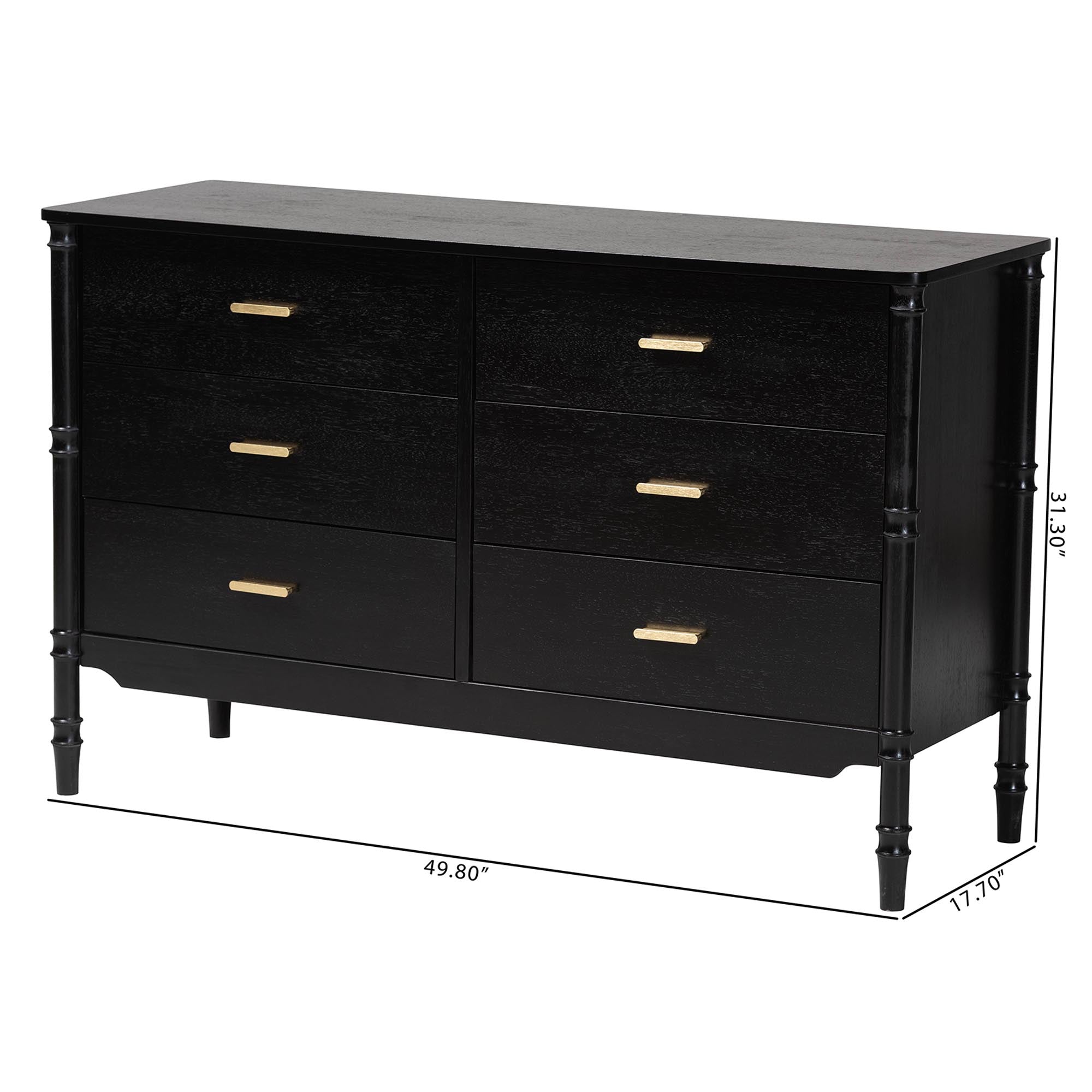 Baxton Studio Marisela Black Wood Dresser with Drawers - Bamboo-Inspired Legs and Brass Handles, 6-Drawer Modern Transitional Bedroom Storage Unit