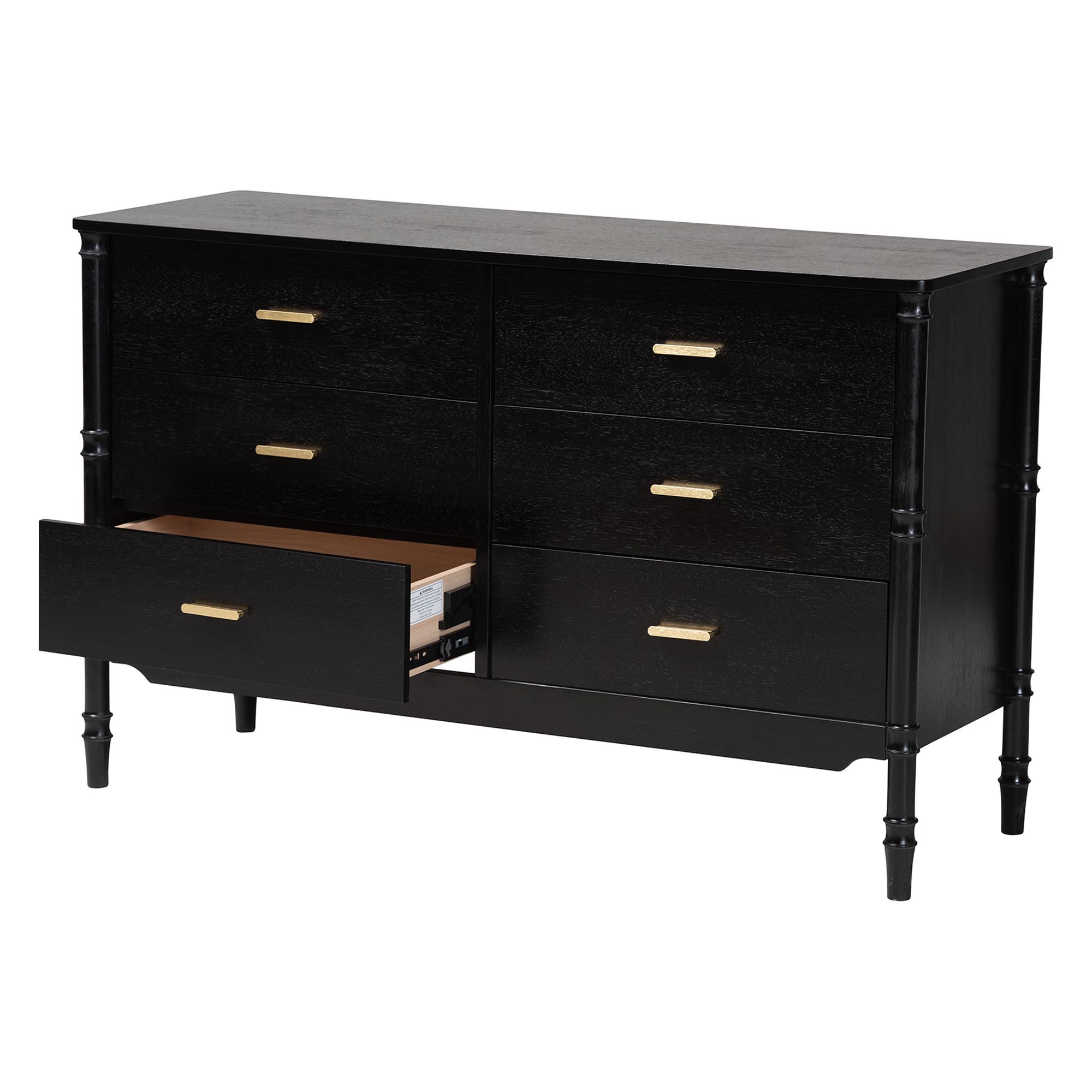 Baxton Studio Marisela Black Wood Dresser with Drawers - Bamboo-Inspired Legs and Brass Handles, 6-Drawer Modern Transitional Bedroom Storage Unit