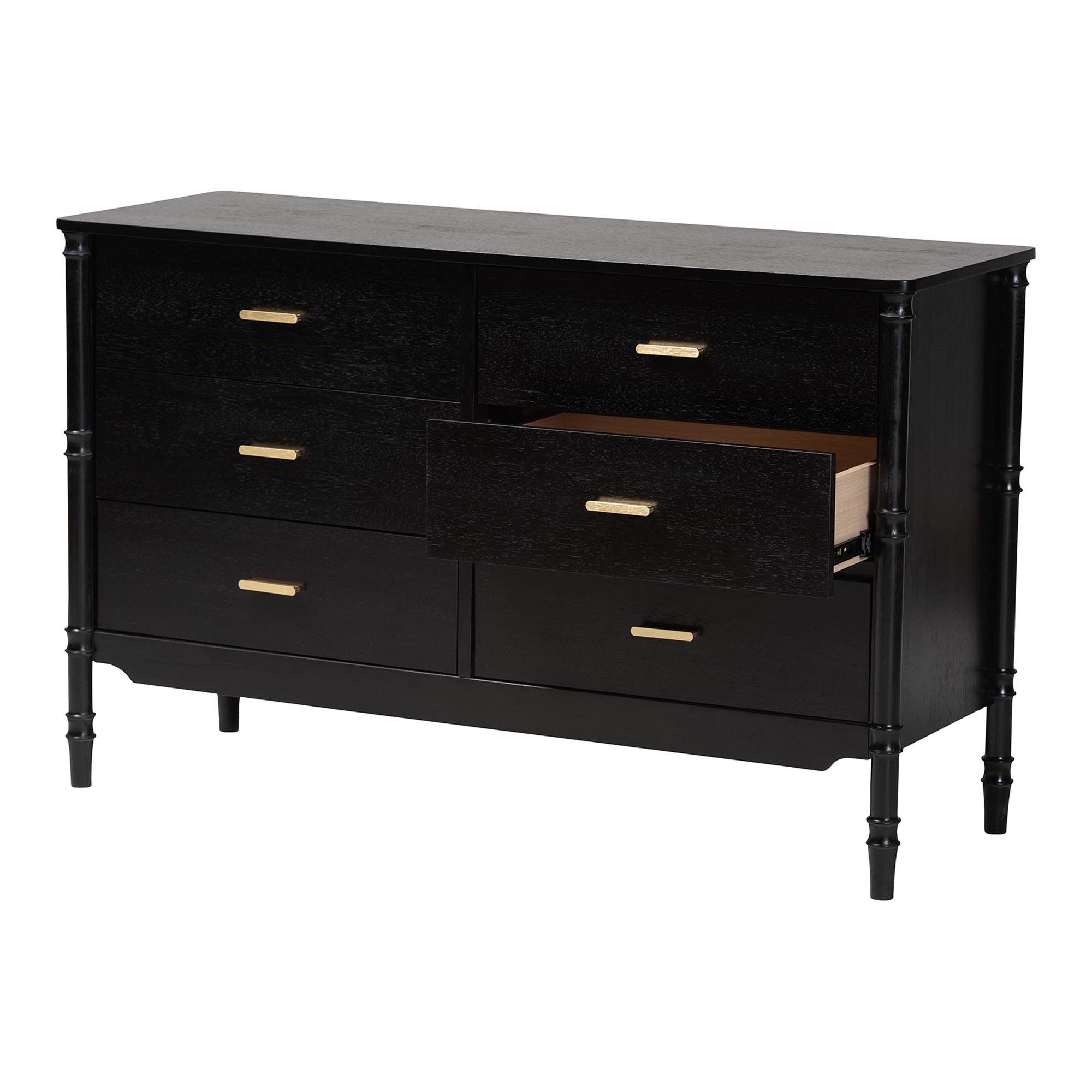 Baxton Studio Marisela Black Wood Dresser with Drawers - Bamboo-Inspired Legs and Brass Handles, 6-Drawer Modern Transitional Bedroom Storage Unit