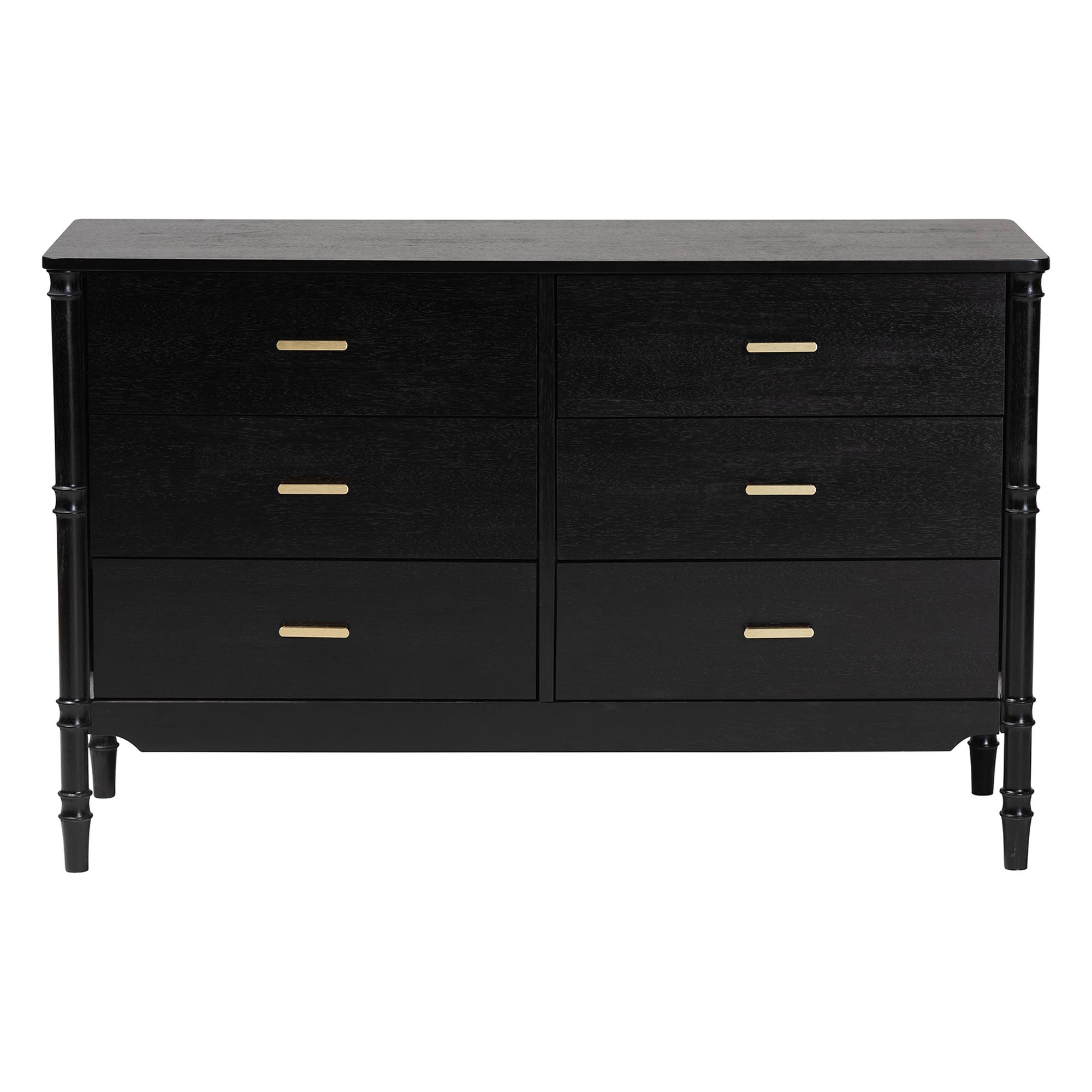 Baxton Studio Marisela Black Wood Dresser with Drawers - Bamboo-Inspired Legs and Brass Handles, 6-Drawer Modern Transitional Bedroom Storage Unit