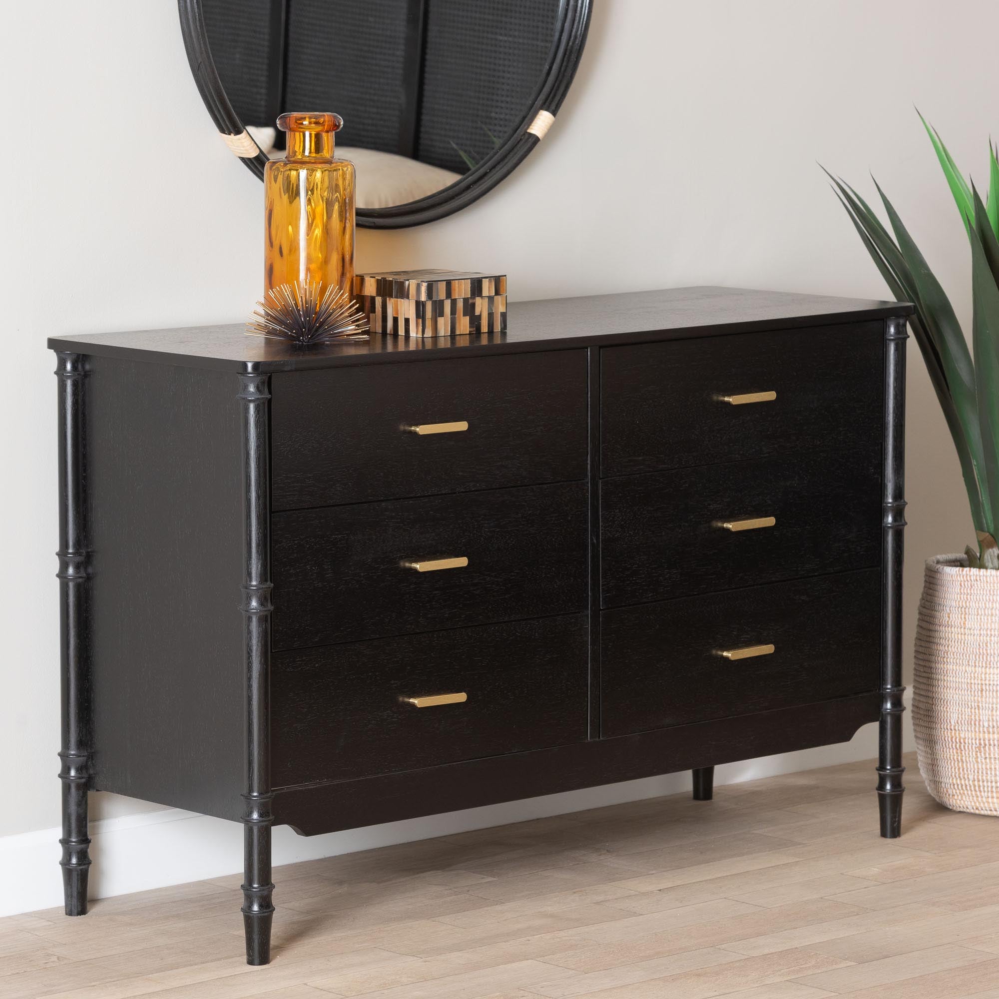 Baxton Studio Marisela Black Wood Dresser with Drawers - Bamboo-Inspired Legs and Brass Handles, 6-Drawer Modern Transitional Bedroom Storage Unit