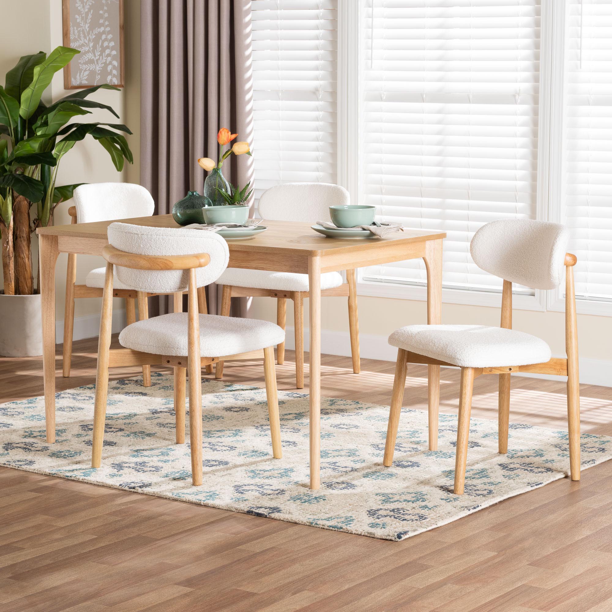 Baxton Studio Wattsu 5-Piece Dining Set - Solid Wood Rectangular Table with Boucle Upholstered Chairs, Mid-Century Modern Dining Furniture for Kitchen or Dining Room, Natural and White