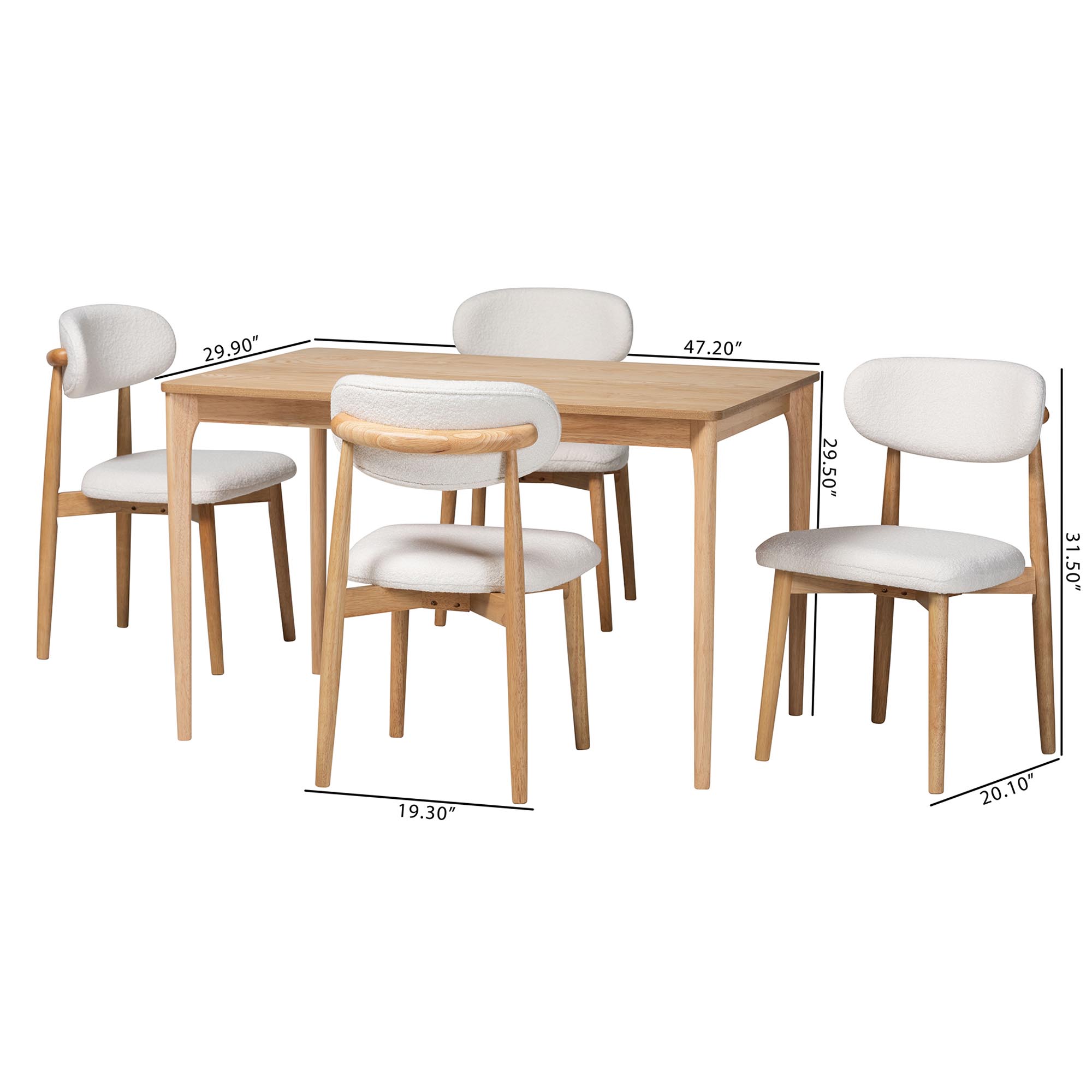 Baxton Studio Wattsu 5-Piece Dining Set - Solid Wood Rectangular Table with Boucle Upholstered Chairs, Mid-Century Modern Dining Furniture for Kitchen or Dining Room, Natural and White