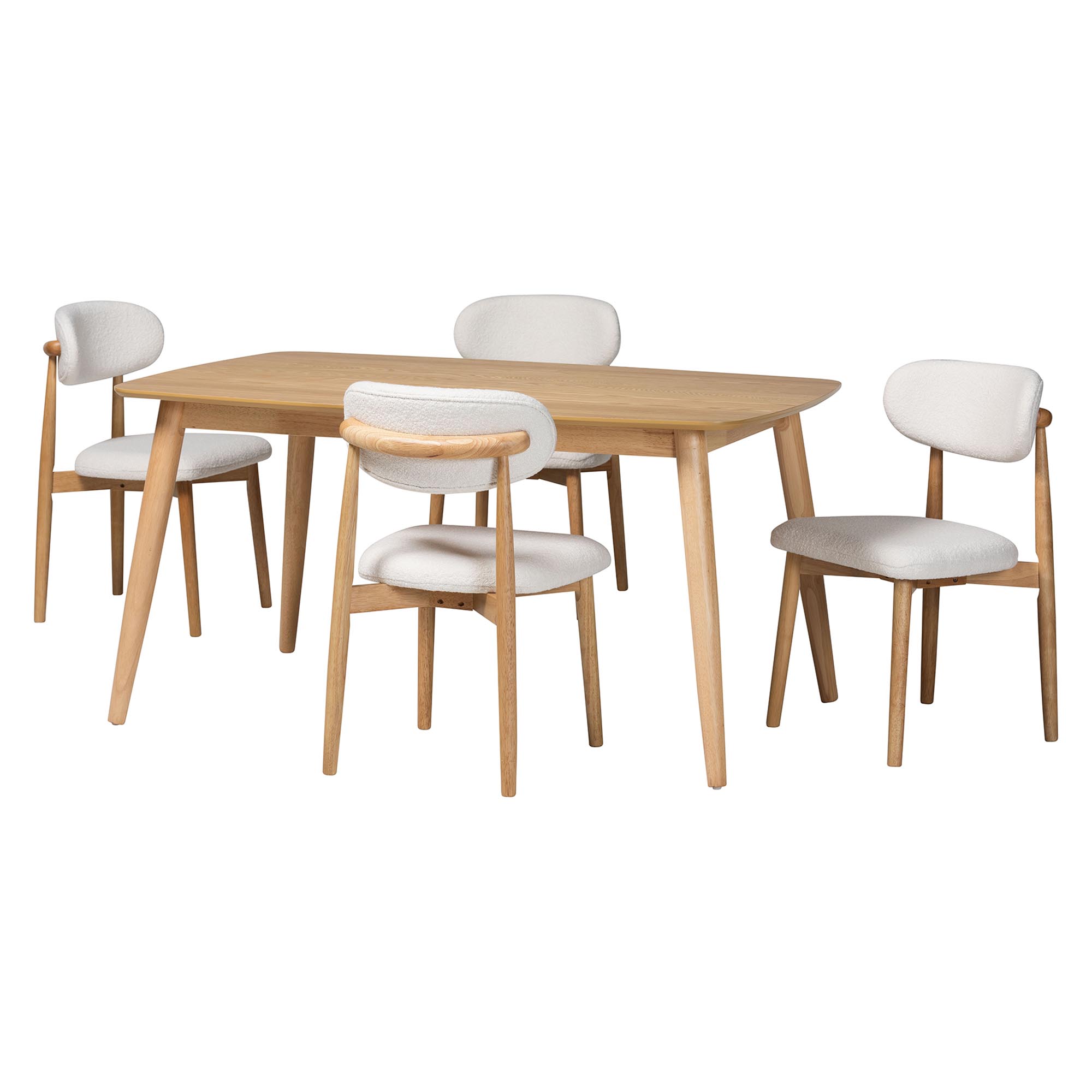 Baxton Studio Emily 5-Piece Dining Set - Solid Wood Rectangular Table with Boucle Upholstered Chairs, Mid-Century Modern Dining Furniture for Kitchen or Dining Room, Natural and White