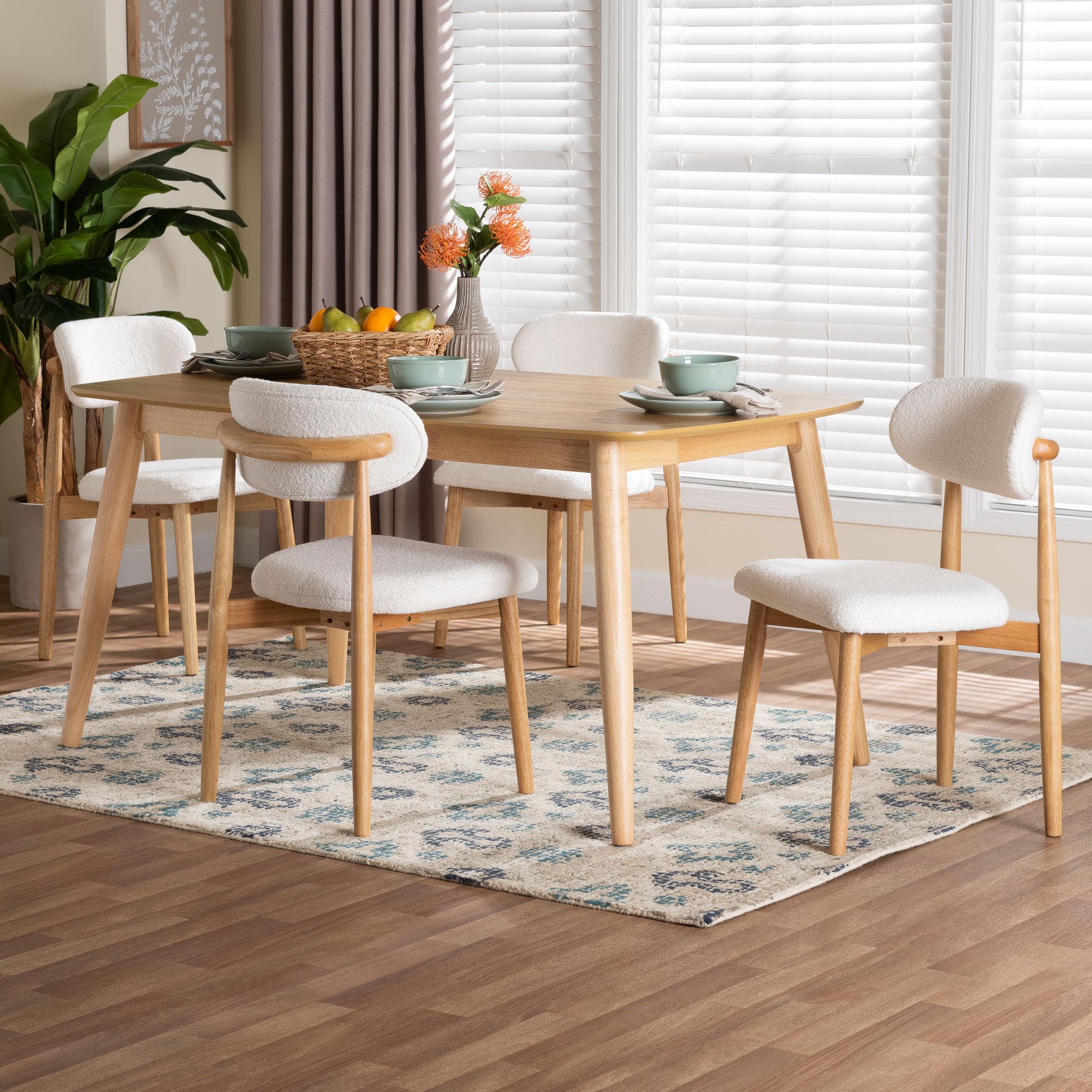 Baxton Studio Emily 5-Piece Dining Set - Solid Wood Rectangular Table with Boucle Upholstered Chairs, Mid-Century Modern Dining Furniture for Kitchen or Dining Room, Natural and White