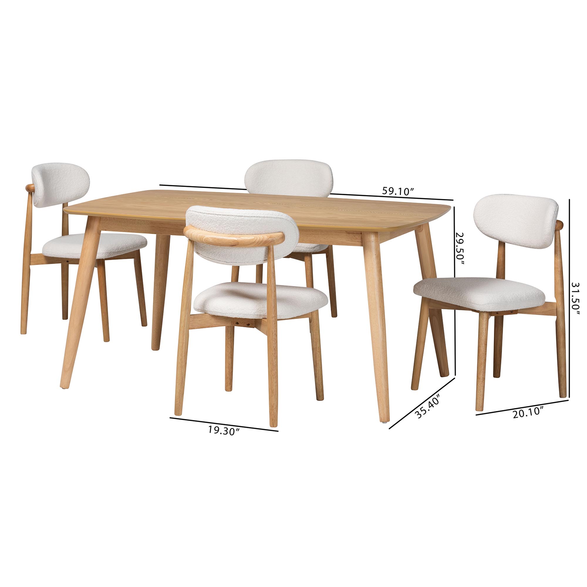 Baxton Studio Emily 5-Piece Dining Set - Solid Wood Rectangular Table with Boucle Upholstered Chairs, Mid-Century Modern Dining Furniture for Kitchen or Dining Room, Natural and White
